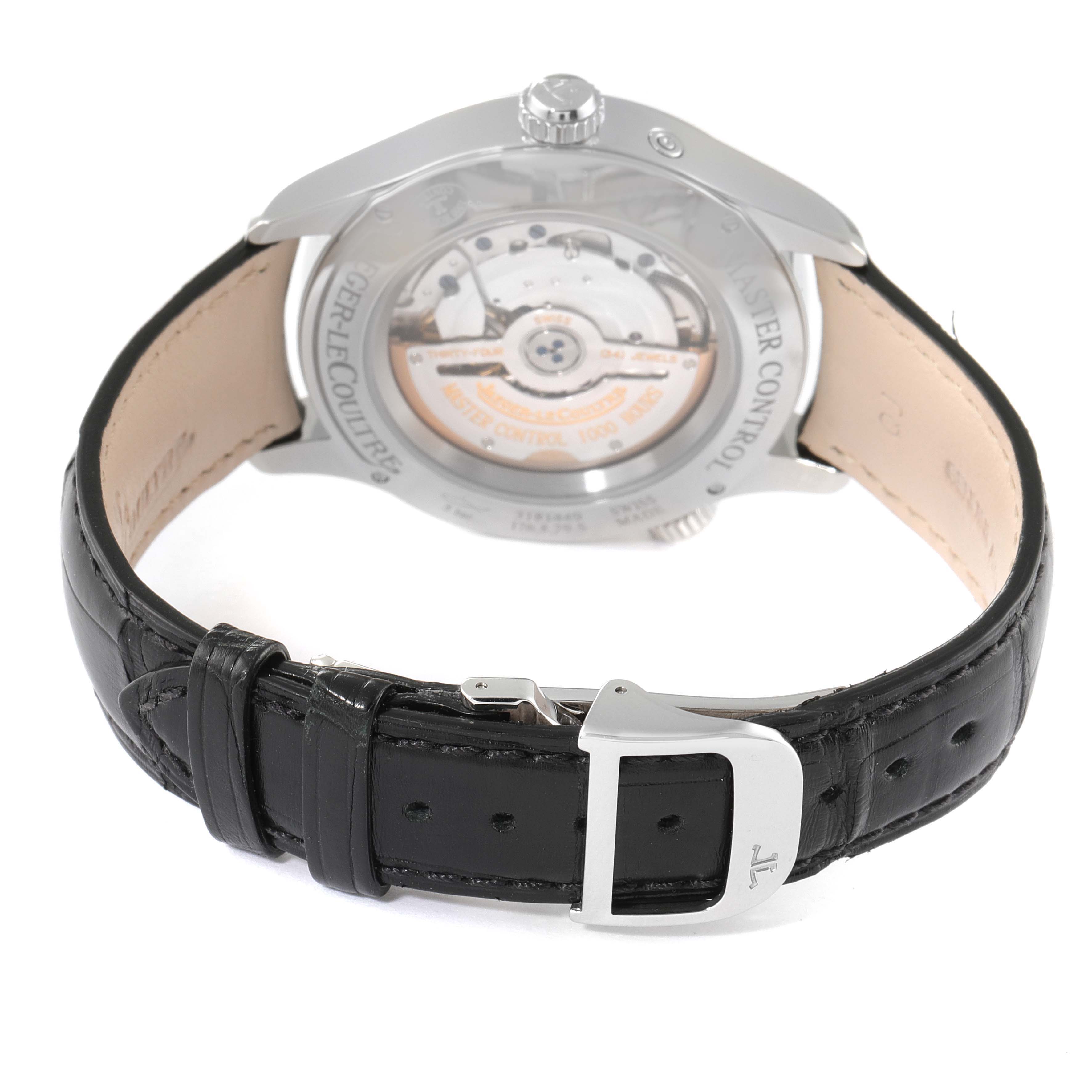 The image shows a rear angled view of a Jaeger LeCoultre Master Q1428421 Men's Stainless Steel Silver Dial Q1428421 Men's Stainless Steel Silver Dial model, focusing on the watch's movement and black leather strap.