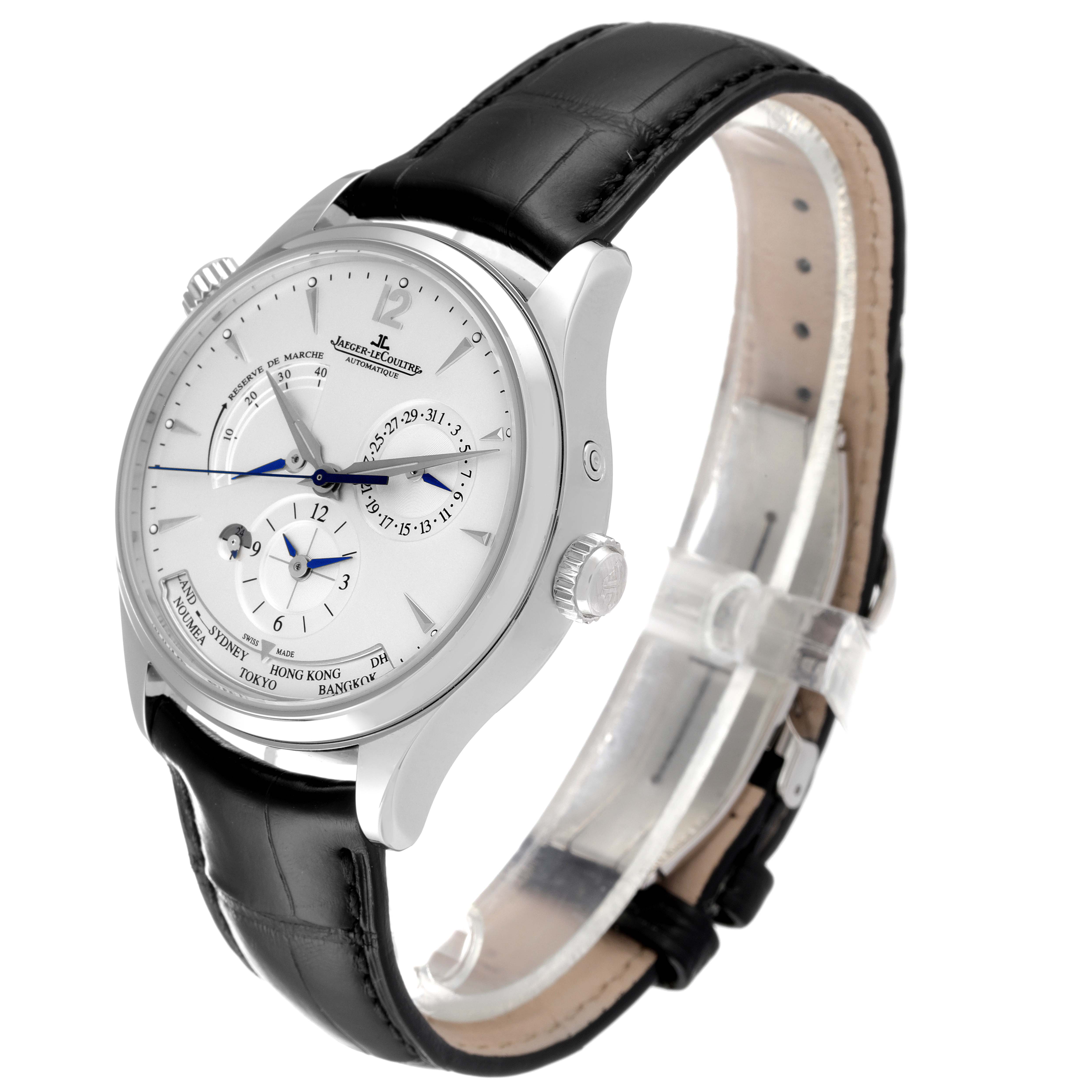 The image shows a Jaeger LeCoultre Master Q1428421 Men's Stainless Steel Silver Dial Q1428421 Men's Stainless Steel Silver Dial model watch at a three-quarter angle, highlighting its white dial, black leather strap, and side crown.