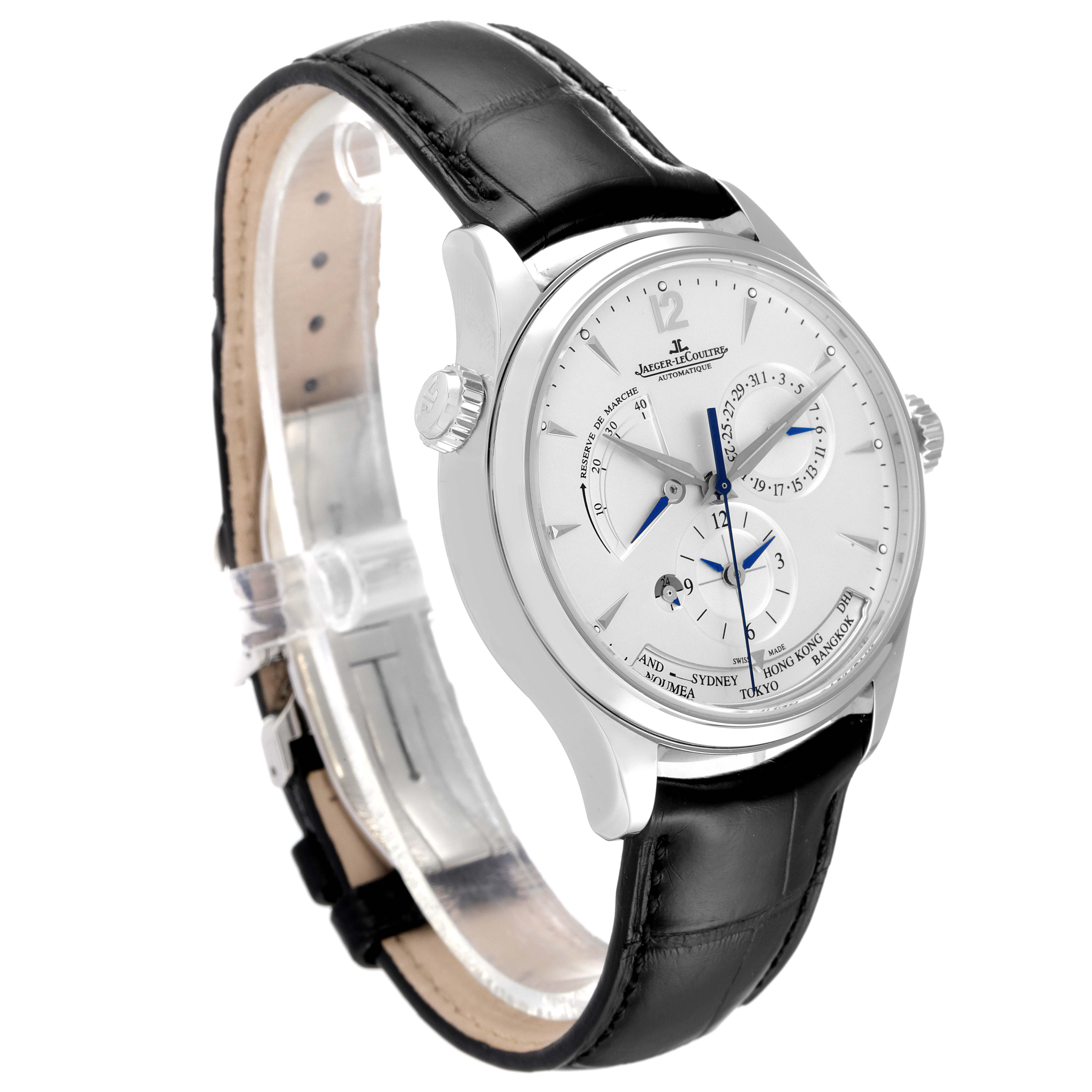 The image shows a Jaeger-LeCoultre Master watch at a three-quarter angle, highlighting its face, black leather strap, and dual crowns.