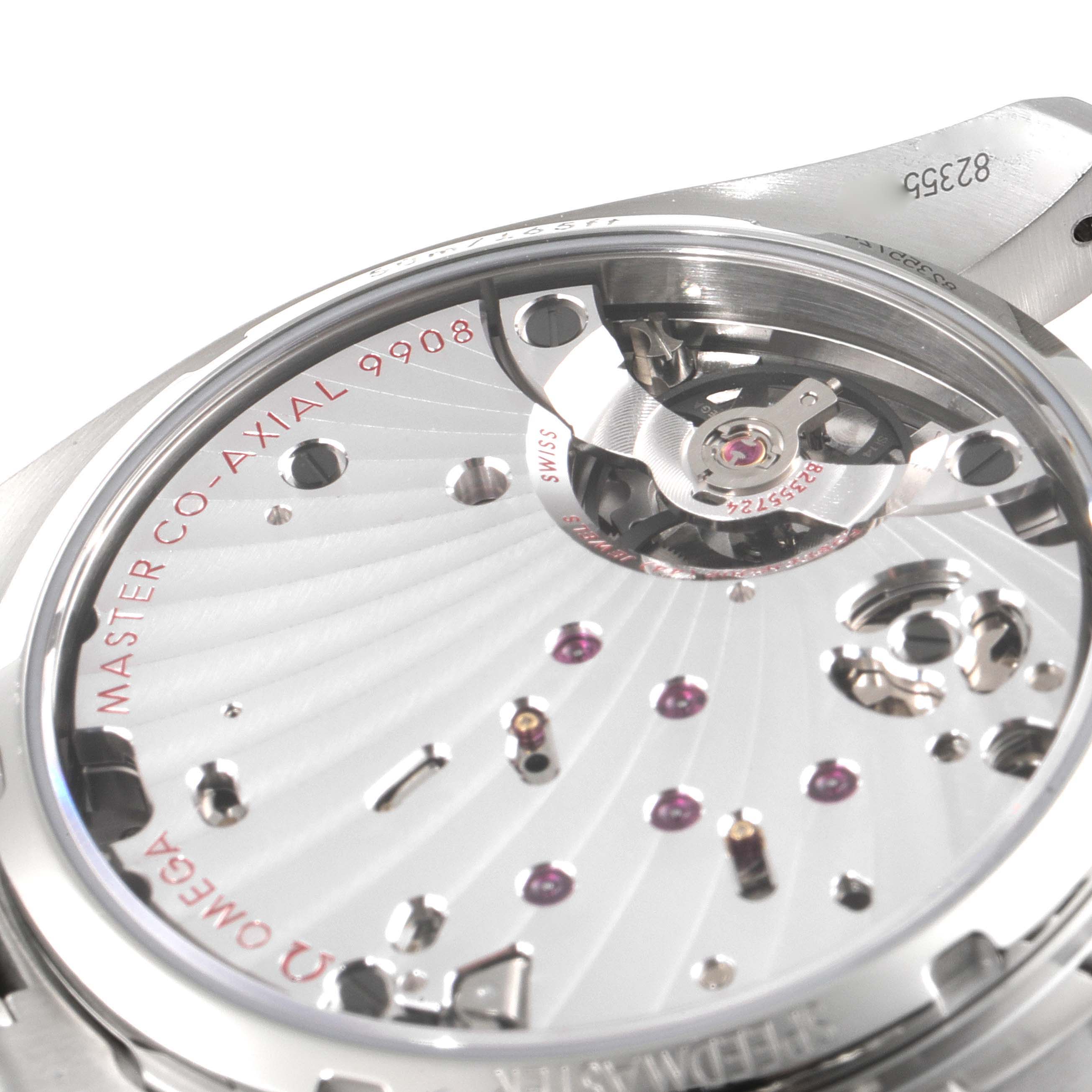 This image shows a close-up of the rear view of the Omega Speedmaster 329.30.43.51.02.002 Men's Stainless Steel Silver Dial 329.30.43.51.02.002 Men's Stainless Steel Silver Dial's movement, specifically the Master Co-Axial 9908 caliber.