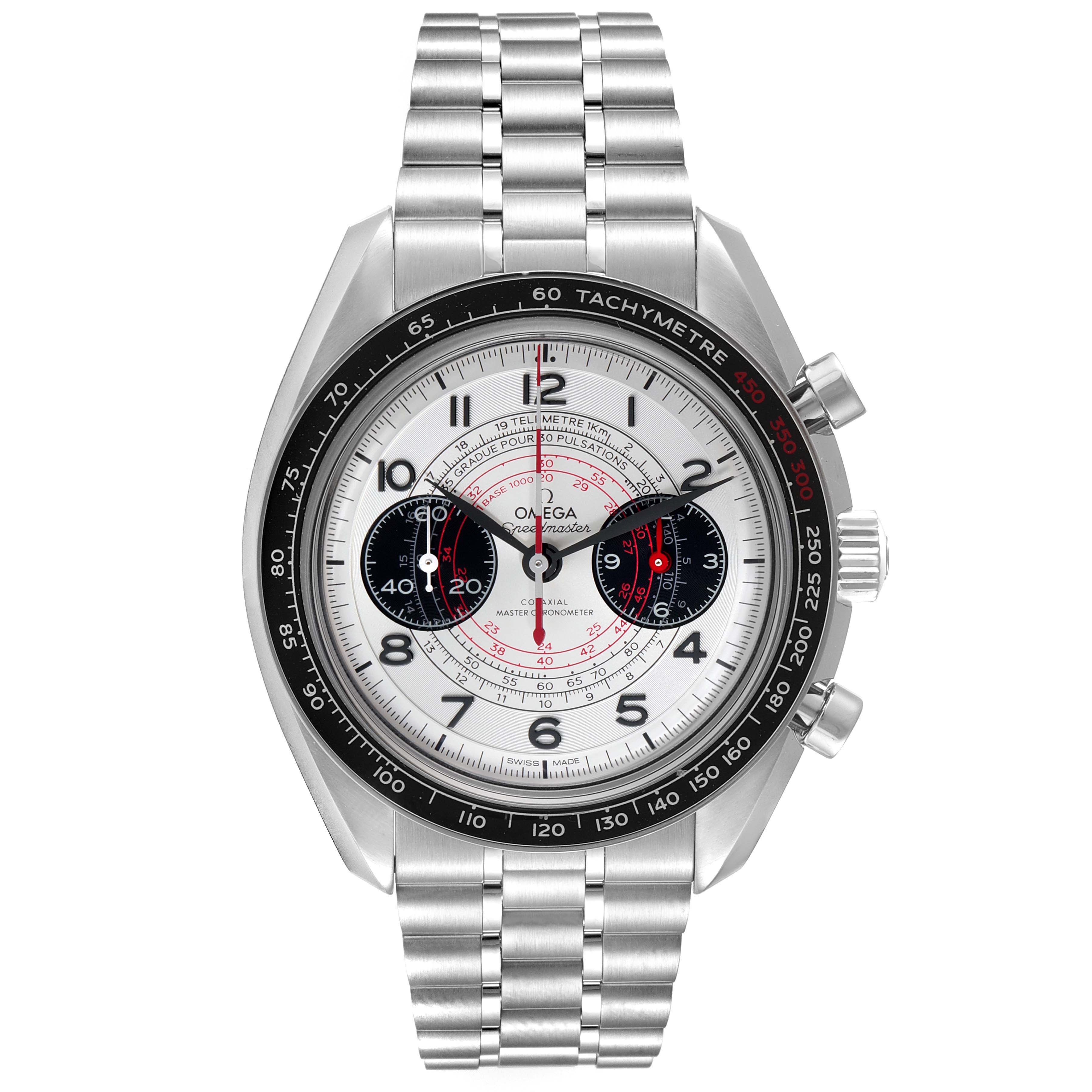 The image shows a front view of the Omega Speedmaster 329.30.43.51.02.002 Men's Stainless Steel Silver Dial 329.30.43.51.02.002 Men's Stainless Steel Silver Dial watch, highlighting its dial, bezel, and bracelet.