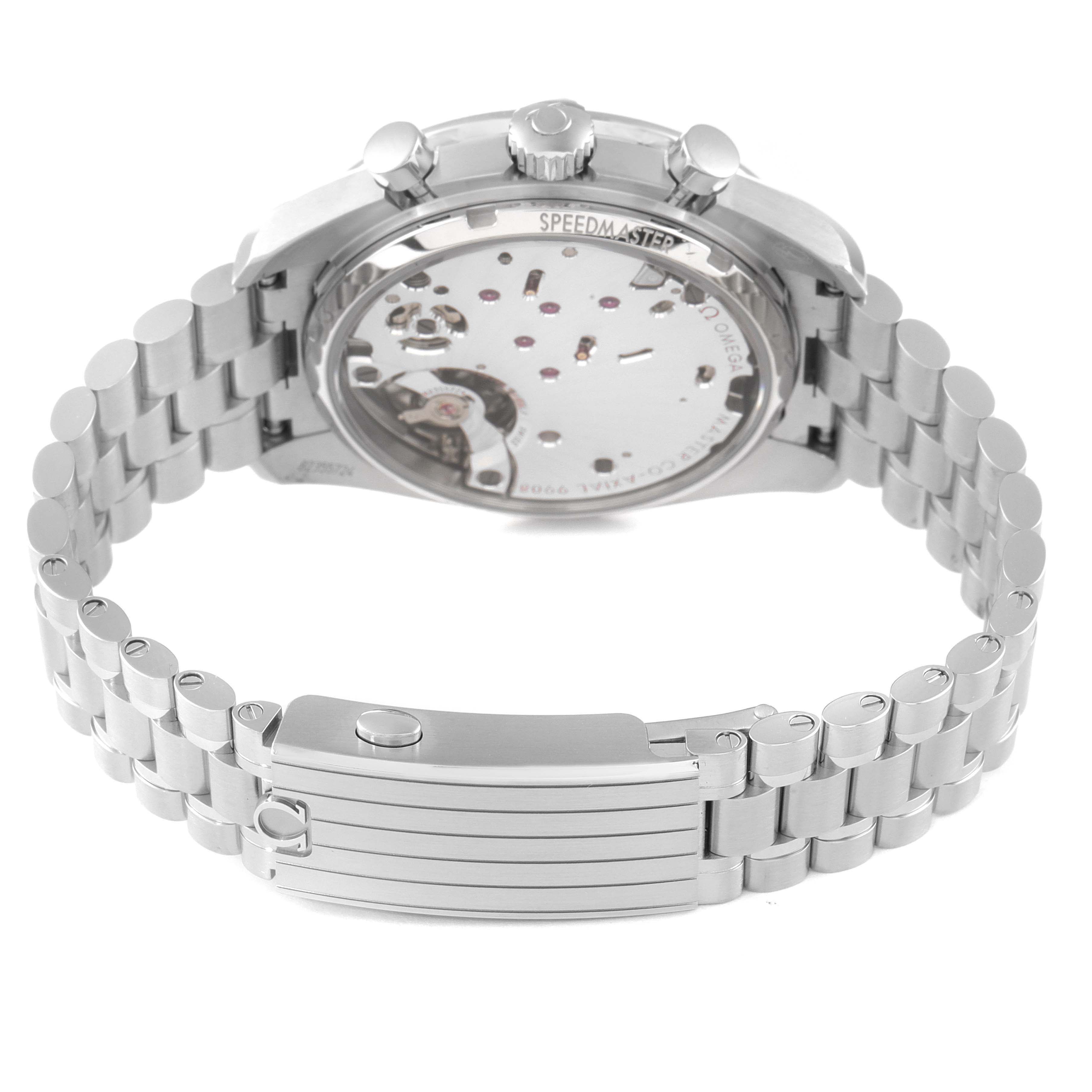 This image shows the backside of the Omega Speedmaster 329.30.43.51.02.002 Men's Stainless Steel Silver Dial 329.30.43.51.02.002 Men's Stainless Steel Silver Dial watch, highlighting the open case back and stainless steel bracelet.