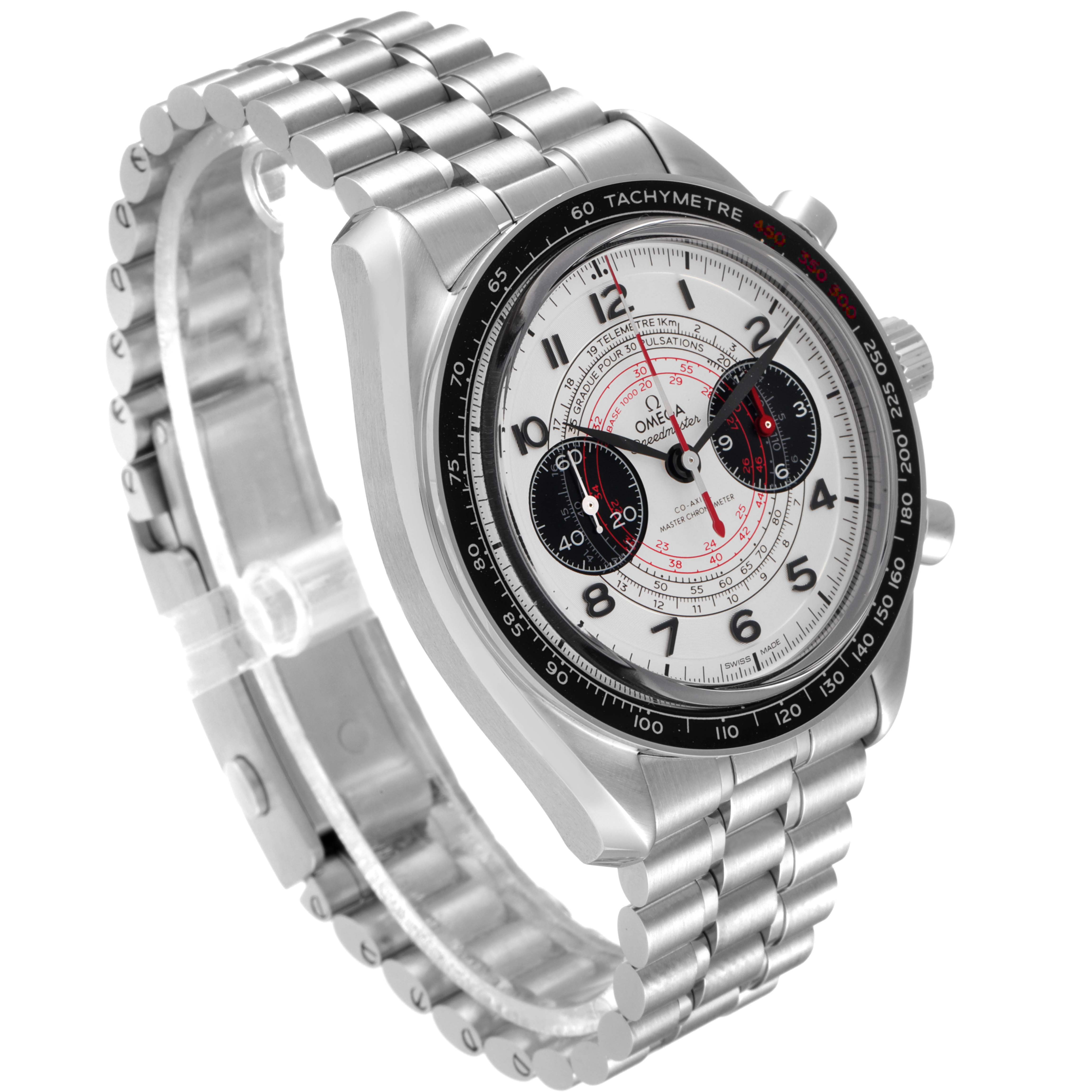 The image shows an angled view of the Omega Speedmaster 329.30.43.51.02.002 Men's Stainless Steel Silver Dial 329.30.43.51.02.002 Men's Stainless Steel Silver Dial watch, highlighting the face, bezel, crown, and metal bracelet.