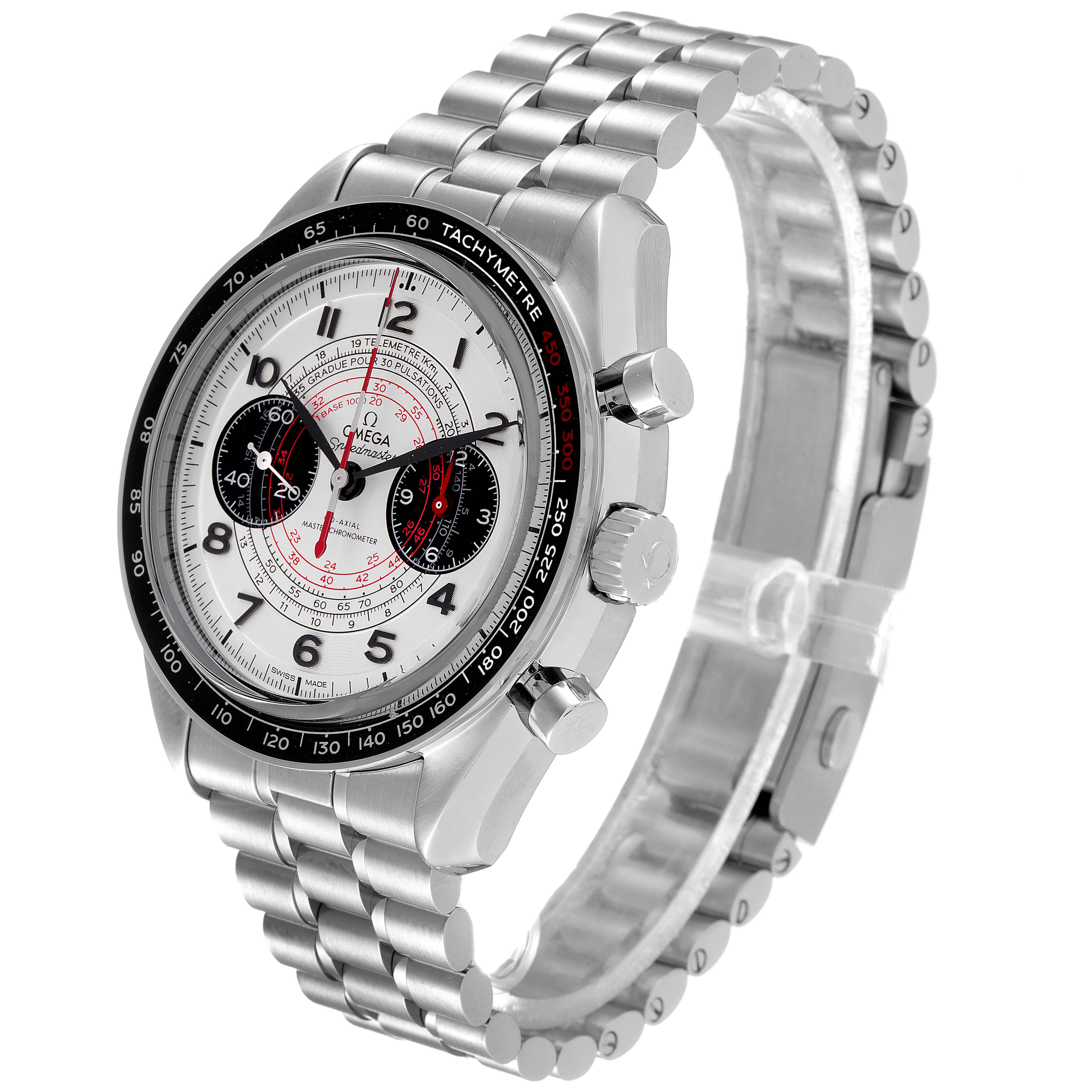 The image shows a side view of an Omega Speedmaster 329.30.43.51.02.002 Men's Stainless Steel Silver Dial 329.30.43.51.02.002 Men's Stainless Steel Silver Dial watch, highlighting the face, bezel, crown, pushers, and bracelet.