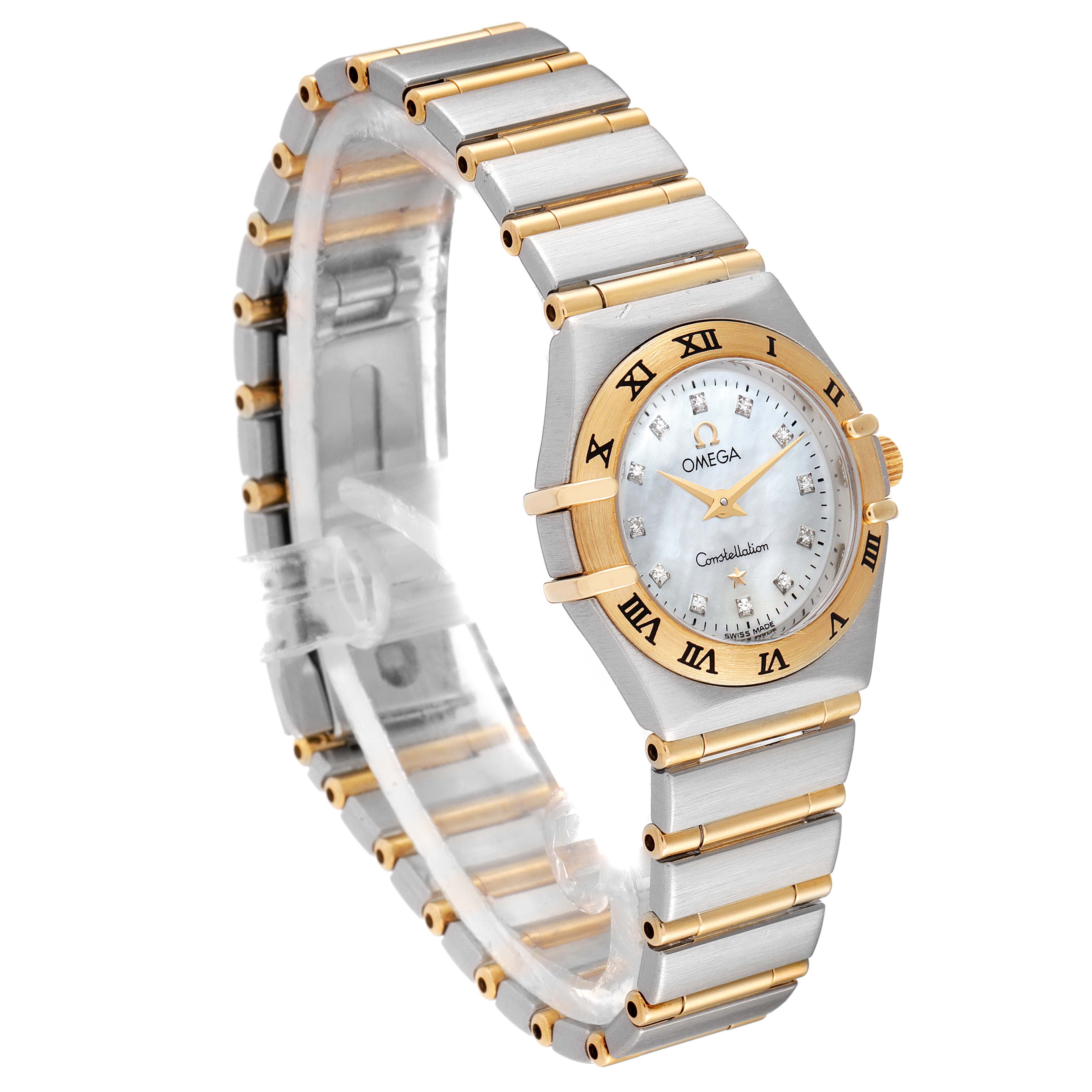 The image shows an Omega 1262.75.00 Women
s Steel and Gold (two tone) Mother of Pearl Dial 1262.75.00 Women
s Steel and Gold (two tone) Mother of Pearl Dial Constellation Steel Yellow Gold MOP Diamond Ladies Watch 1262.75.00 at a three-quarter angle, highlighting the bracelet and face.