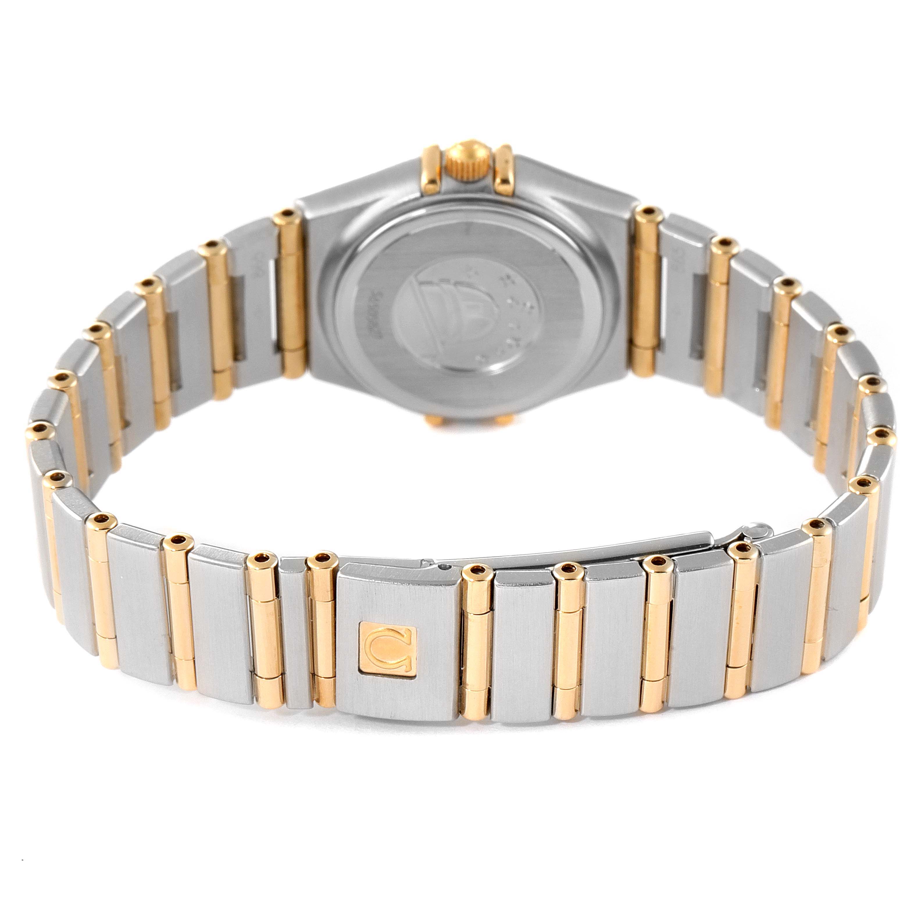 This image shows the back view of the Omega 1262.75.00 Women
s Steel and Gold (two tone) Mother of Pearl Dial 1262.75.00 Women
s Steel and Gold (two tone) Mother of Pearl Dial Constellation Steel Yellow Gold MOP Diamond Ladies Watch 1262.75.00.