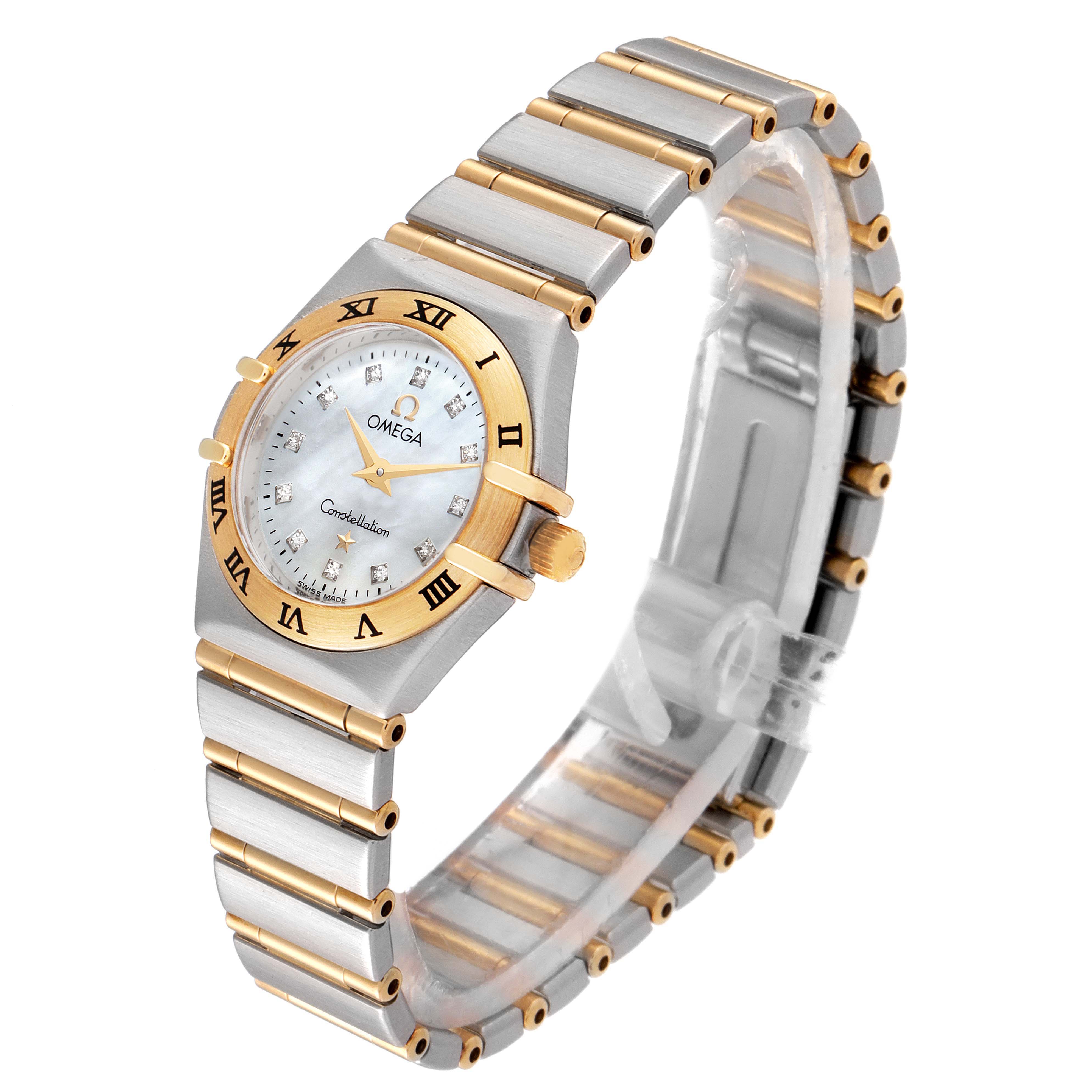 This image shows a side angle of the Omega 1262.75.00 Women
s Steel and Gold (two tone) Mother of Pearl Dial 1262.75.00 Women
s Steel and Gold (two tone) Mother of Pearl Dial Constellation Steel Yellow Gold MOP Diamond Ladies Watch 1262.75.00, highlighting its bracelet and diamond-studded dial.