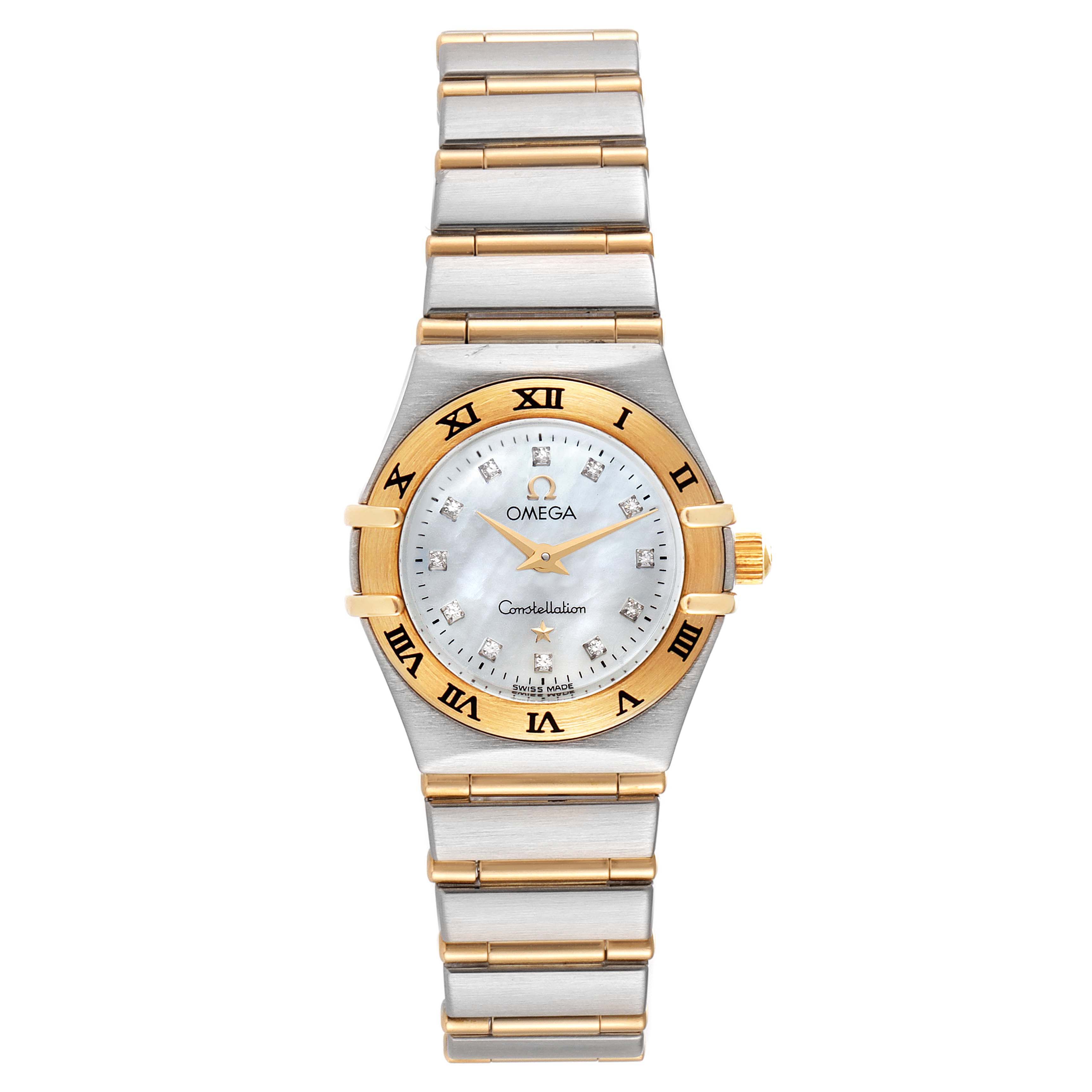 The image shows a front view of the Omega 1262.75.00 Women
s Steel and Gold (two tone) Mother of Pearl Dial 1262.75.00 Women
s Steel and Gold (two tone) Mother of Pearl Dial Constellation Steel Yellow Gold MOP Diamond Ladies Watch 1262.75.00, highlighting the face and band.