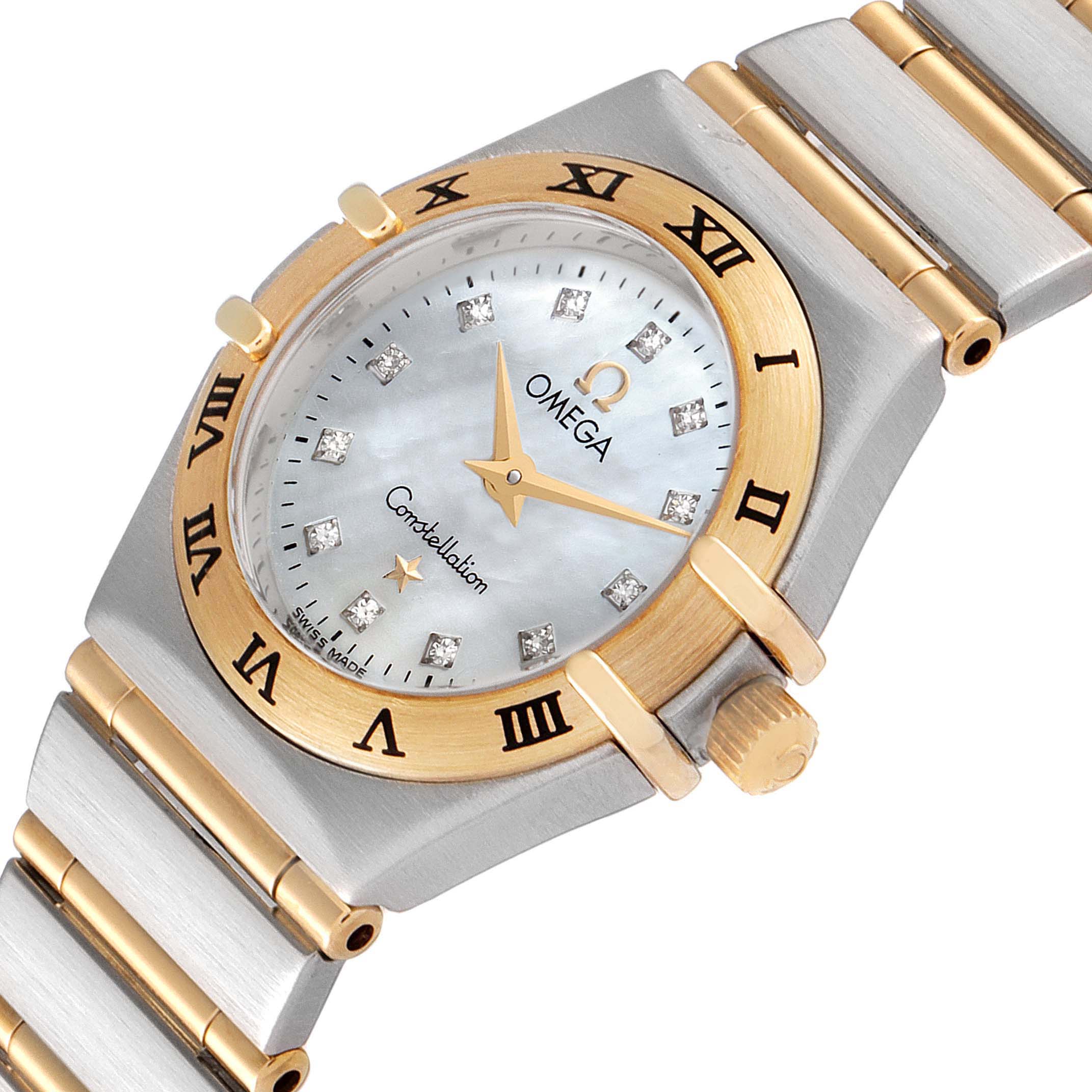 The Omega 1262.75.00 Women
s Steel and Gold (two tone) Mother of Pearl Dial 1262.75.00 Women
s Steel and Gold (two tone) Mother of Pearl Dial Constellation Steel Yellow Gold MOP Diamond Ladies Watch 1262.75.00 is shown at a slight angle, highlighting the face, bezel, and band.