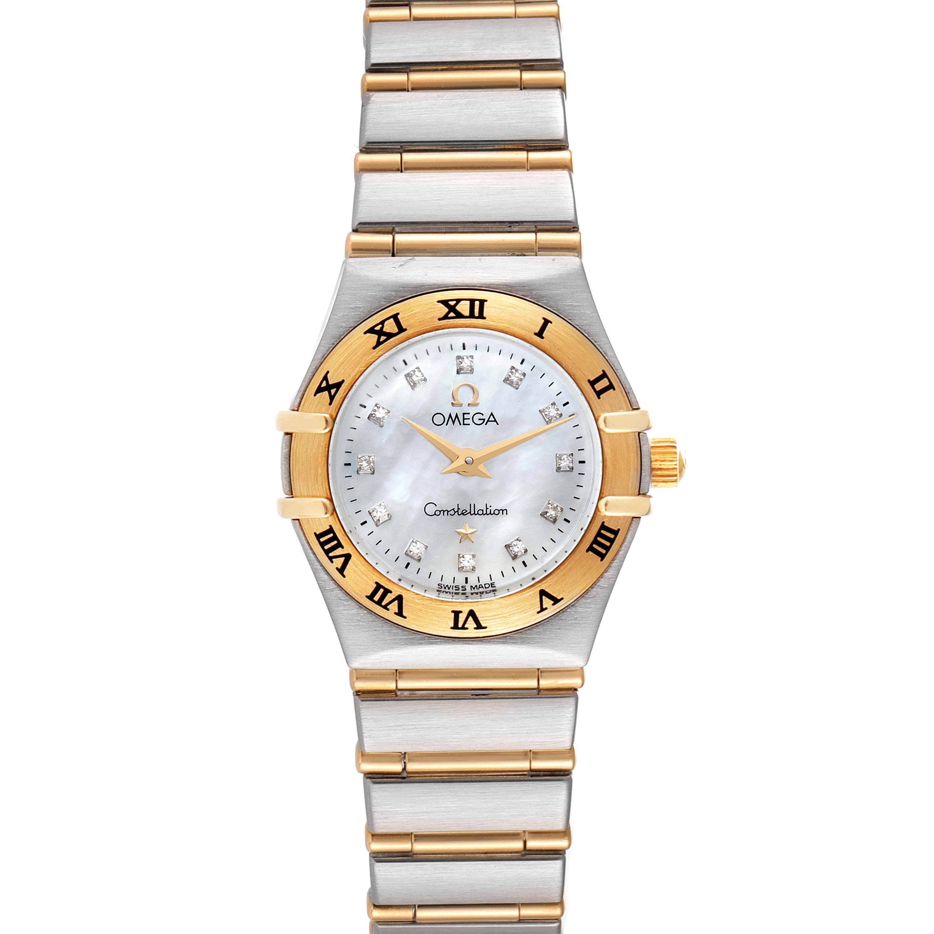 The image shows the front view of an Omega 1262.75.00 Women
s Steel and Gold (two tone) Mother of Pearl Dial 1262.75.00 Women
s Steel and Gold (two tone) Mother of Pearl Dial Constellation Steel Yellow Gold MOP Diamond Ladies Watch 1262.75.00, highlighting the face and bracelet.