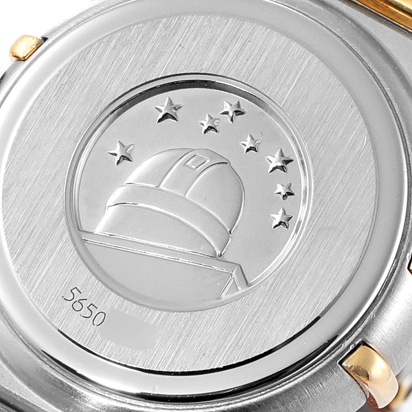 The image shows the back case of the Omega 1262.75.00 Women
s Steel and Gold (two tone) Mother of Pearl Dial 1262.75.00 Women
s Steel and Gold (two tone) Mother of Pearl Dial Constellation Steel Yellow Gold MOP Diamond Ladies Watch 1262.75.00.