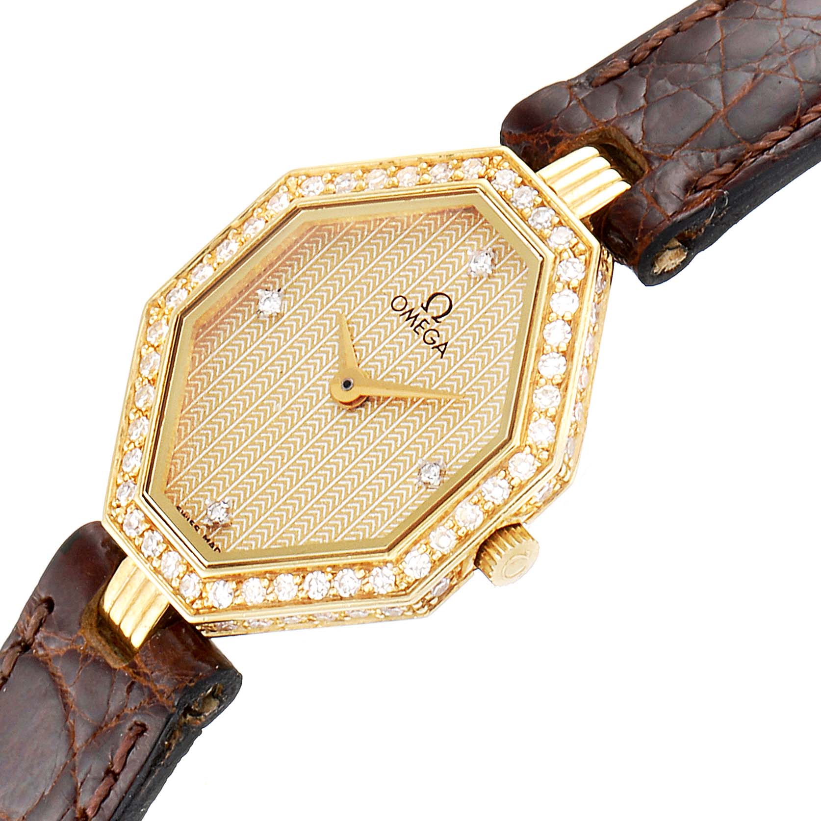 The image shows a close-up, top-down angle of the Omega 1450 Women's Yellow Gold Champagne Dial 1450 Women's Yellow Gold Champagne Dial DeVille Mini Yellow Gold Diamond Cocktail Ladies Watch 1450 with a brown leather strap.