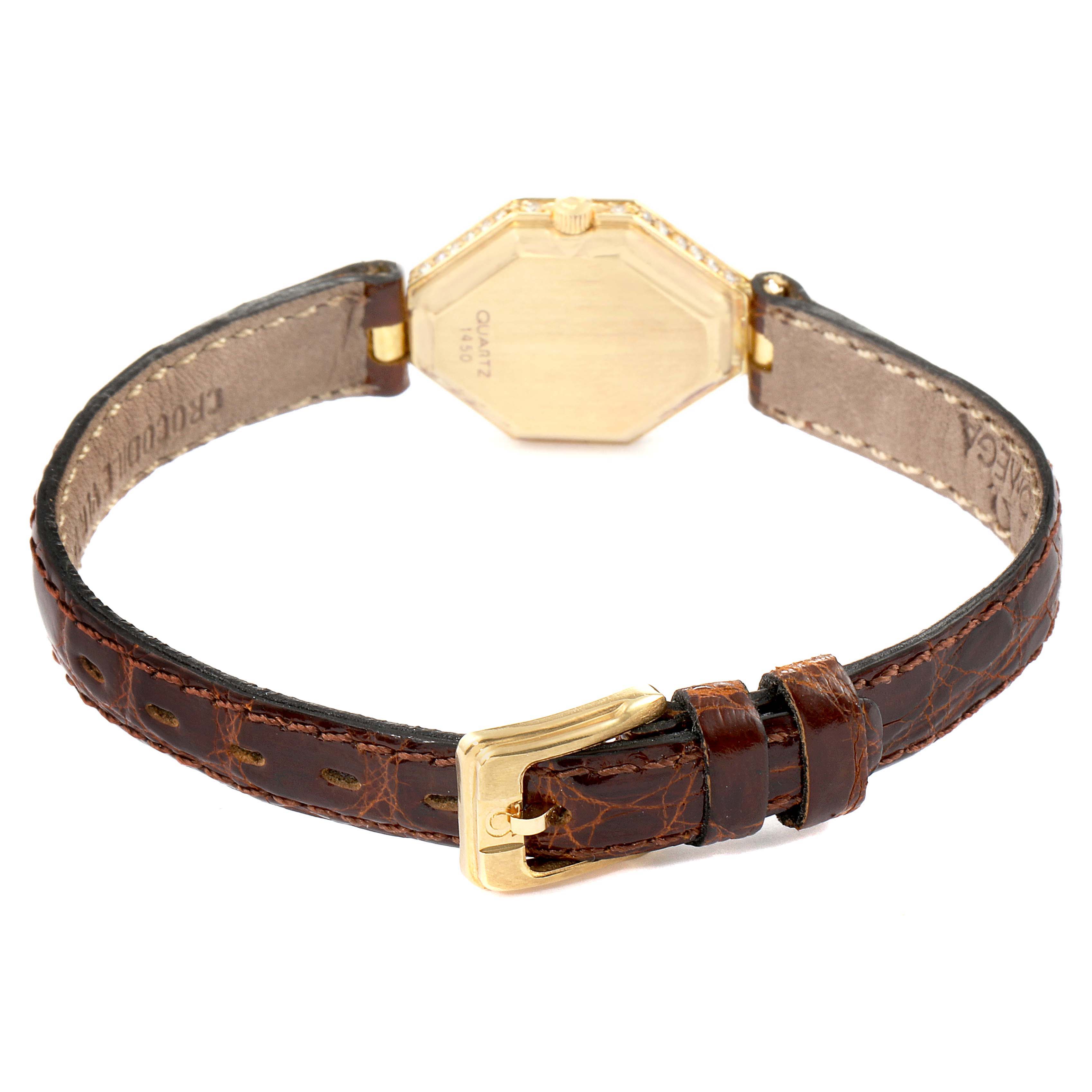 The image shows the back view of the Omega 1450 Women's Yellow Gold Champagne Dial 1450 Women's Yellow Gold Champagne Dial DeVille Mini Yellow Gold Diamond Cocktail Ladies Watch 1450, highlighting the strap and clasp.