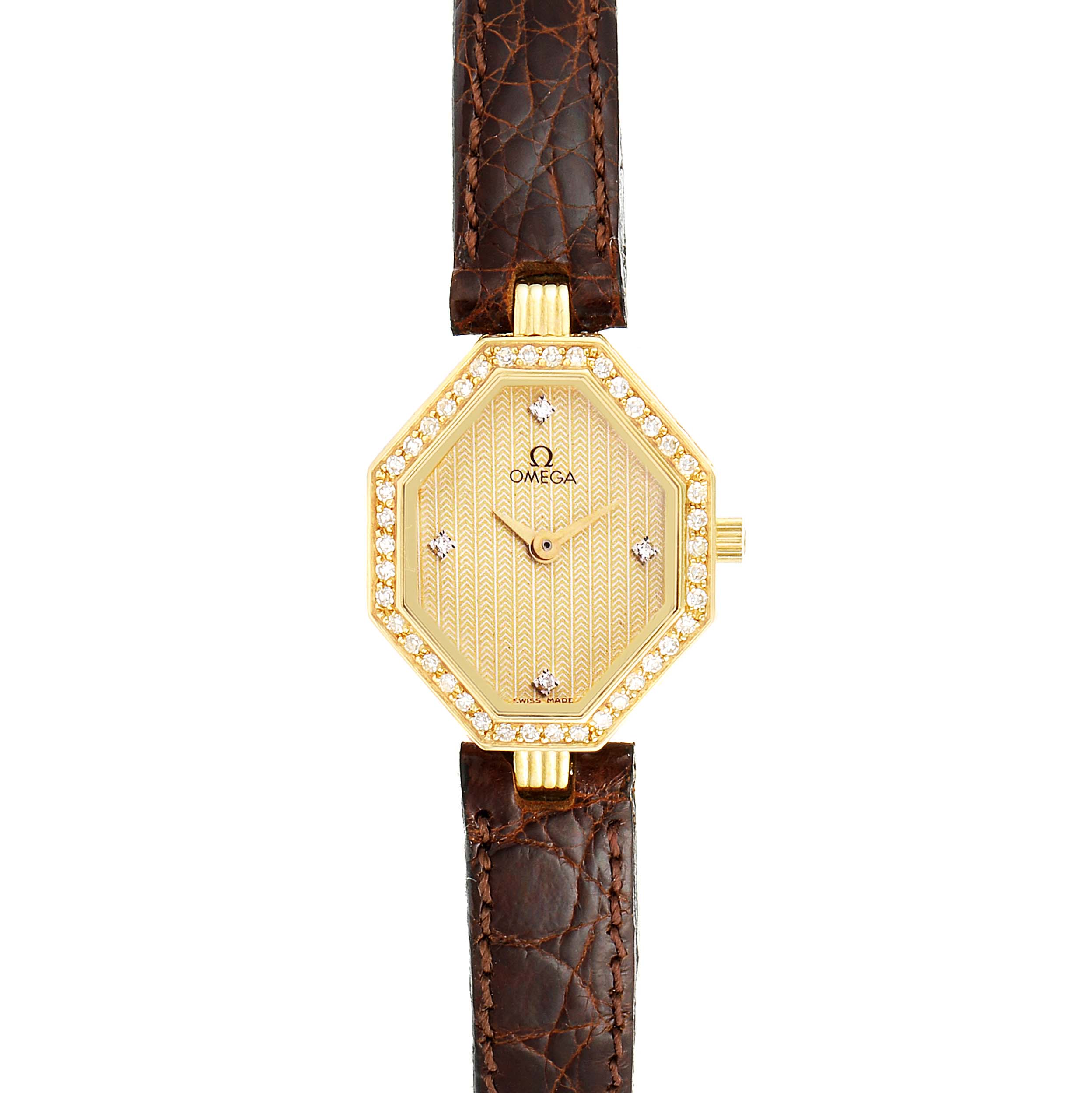 This is an overhead view of the Omega 1450 Women's Yellow Gold Champagne Dial 1450 Women's Yellow Gold Champagne Dial DeVille Mini Yellow Gold Diamond Cocktail Ladies Watch 1450 Unworn model, showing the face, strap, and case.