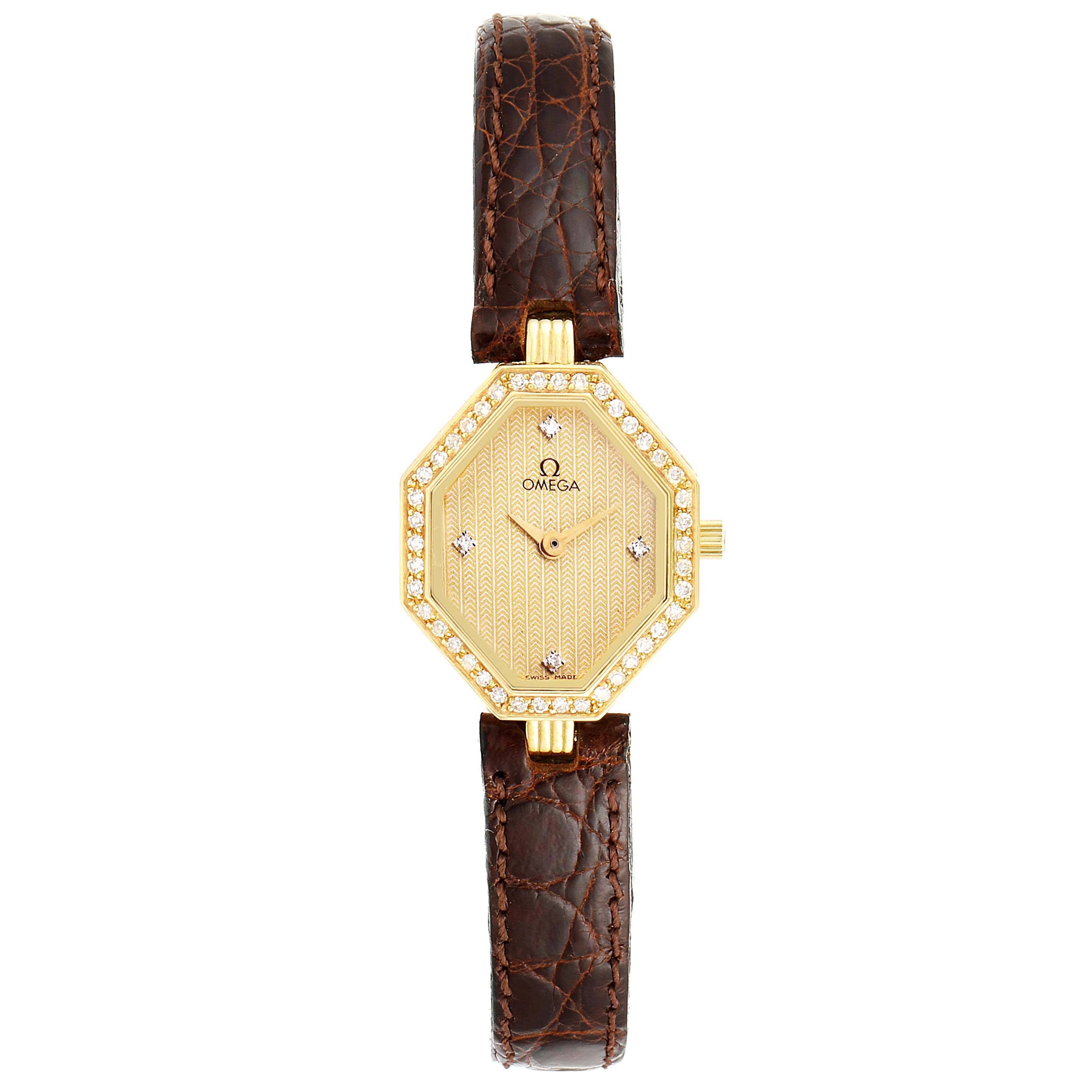 The image shows an Omega 1450 Women's Yellow Gold Champagne Dial 1450 Women's Yellow Gold Champagne Dial DeVille Mini Yellow Gold Diamond Cocktail Ladies Watch 1450 from a top-down angle.