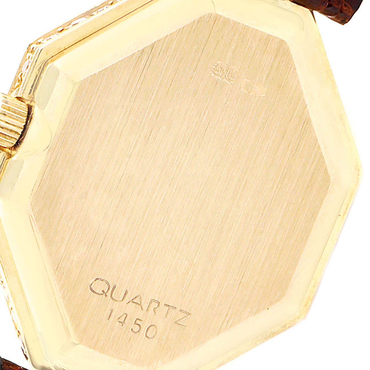 This image shows the case back of the Omega 1450 Women's Yellow Gold Champagne Dial 1450 Women's Yellow Gold Champagne Dial DeVille Mini Yellow Gold Diamond Cocktail Ladies Watch 1450 Unworn model.