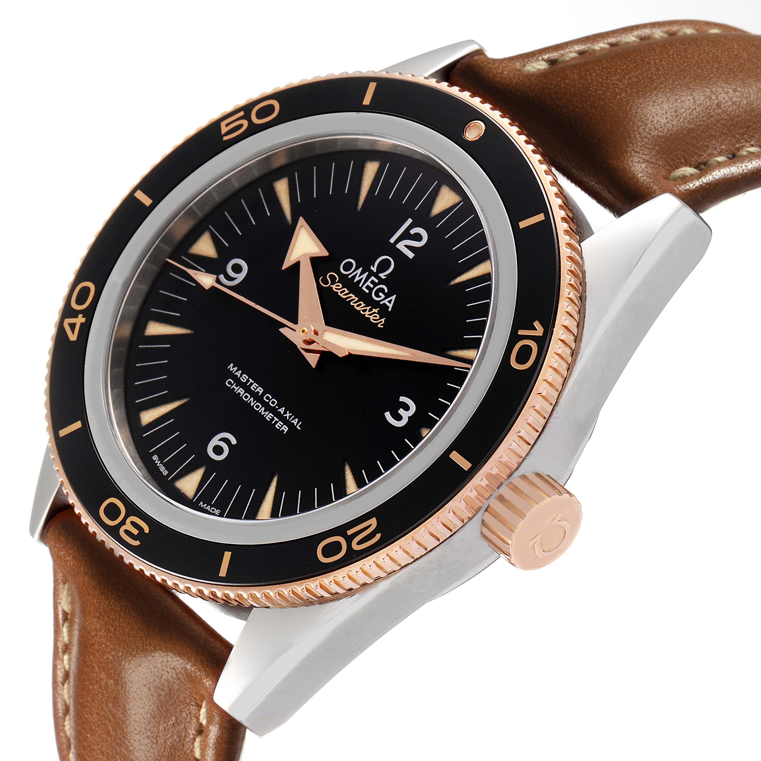 The Omega Seamaster 233.22.41.21.01.002 Men's Stainless Steel Black Dial watch is shown at an angled side view, highlighting the bezel, dial, crown, and leather strap.