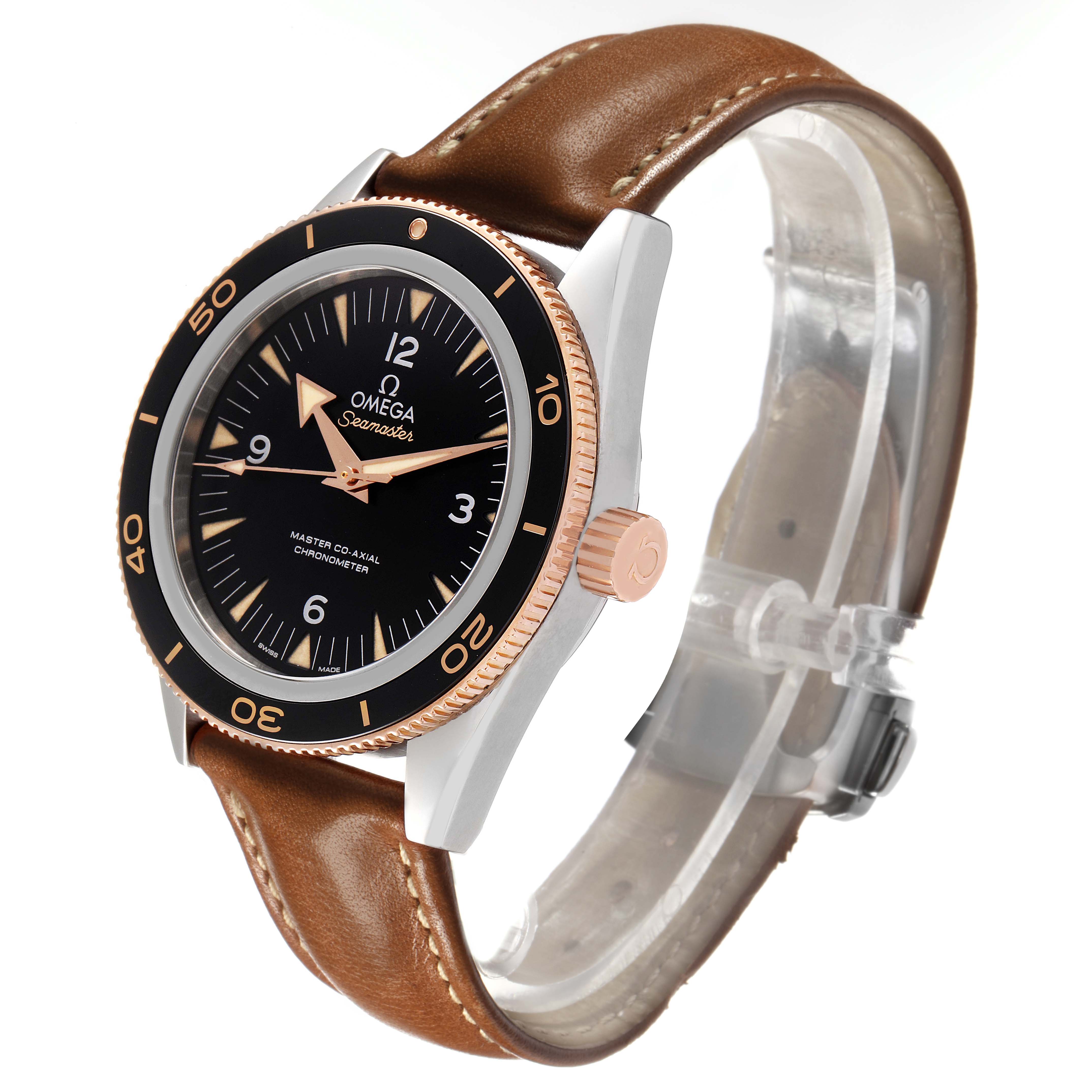 The Omega Seamaster 233.22.41.21.01.002 Men's Stainless Steel Black Dial watch is shown at a slight side angle, displaying the face, bezel, crown, and brown leather strap.