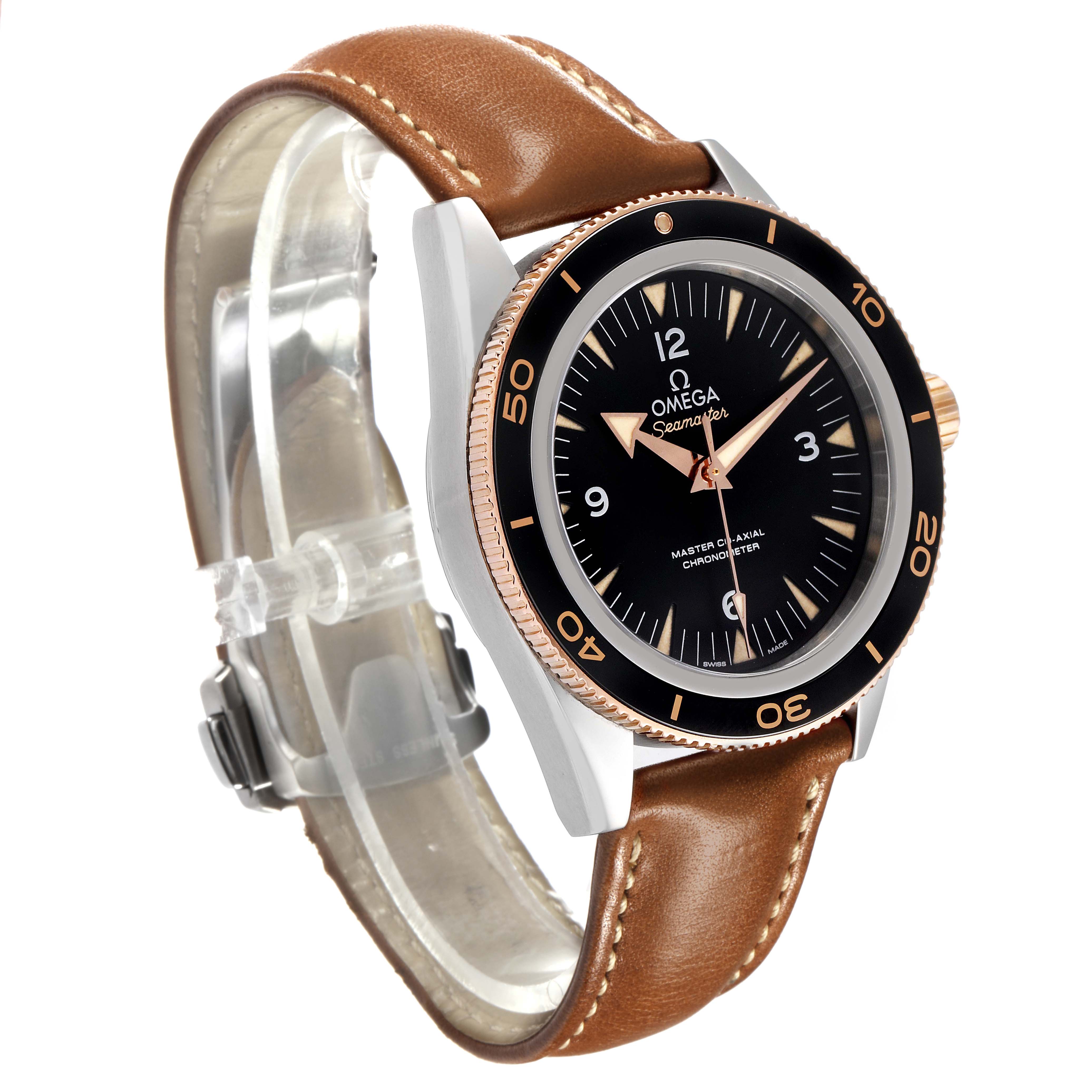 The Omega Seamaster 233.22.41.21.01.002 Men's Stainless Steel Black Dial watch is shown at a three-quarter angle, displaying the face, bezel, and leather strap.