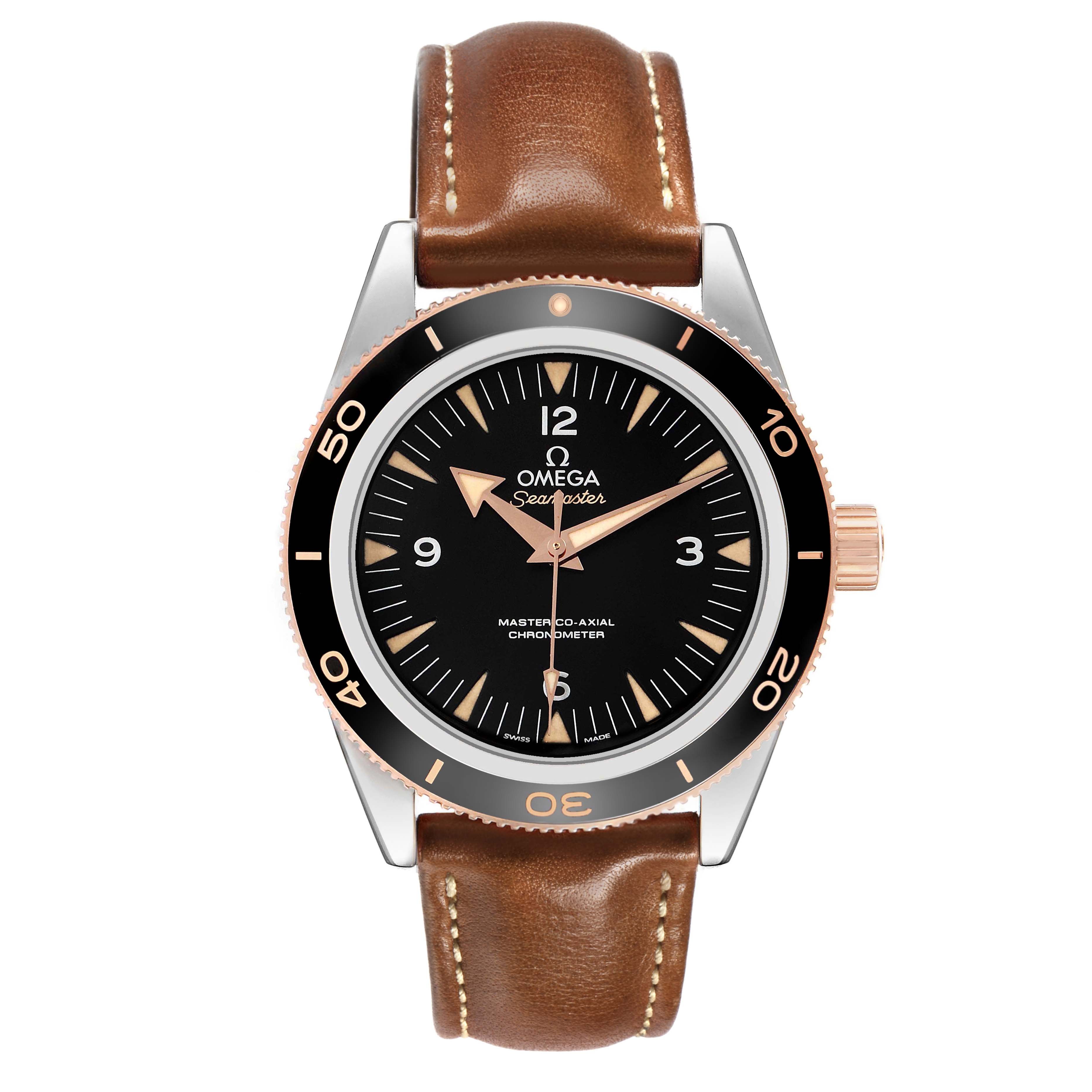 The Omega Seamaster 233.22.41.21.01.002 Men's Stainless Steel Black Dial watch is shown from a top view, displaying the face, bezel, hands, crown, and brown leather strap.