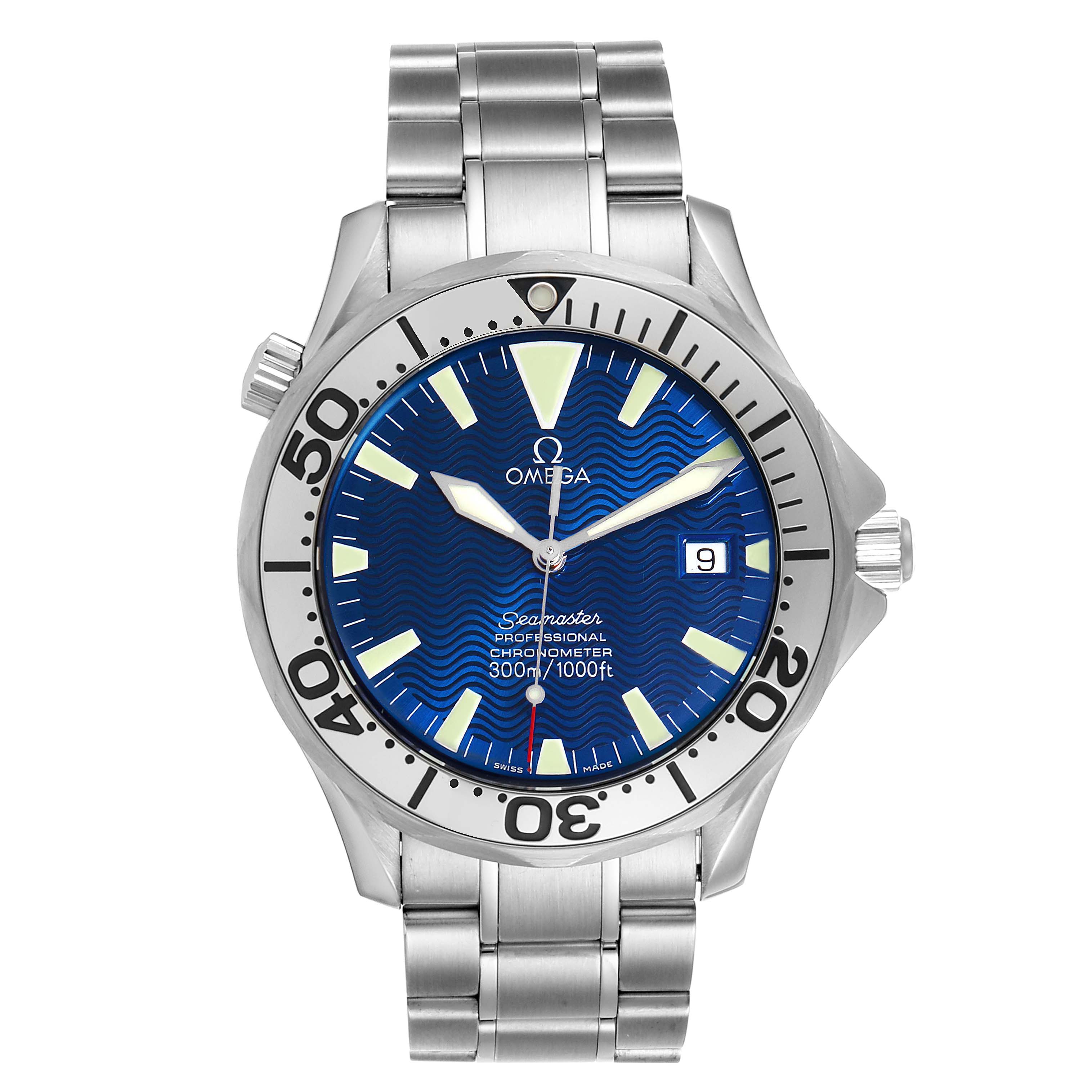 The image shows a front view of the Omega Seamaster 2255.80.00 Men
s Stainless Steel Blue Dial 2255.80.00 Men
s Stainless Steel Blue Dial watch, highlighting the blue dial, bezel, hands, markers, and stainless steel bracelet.