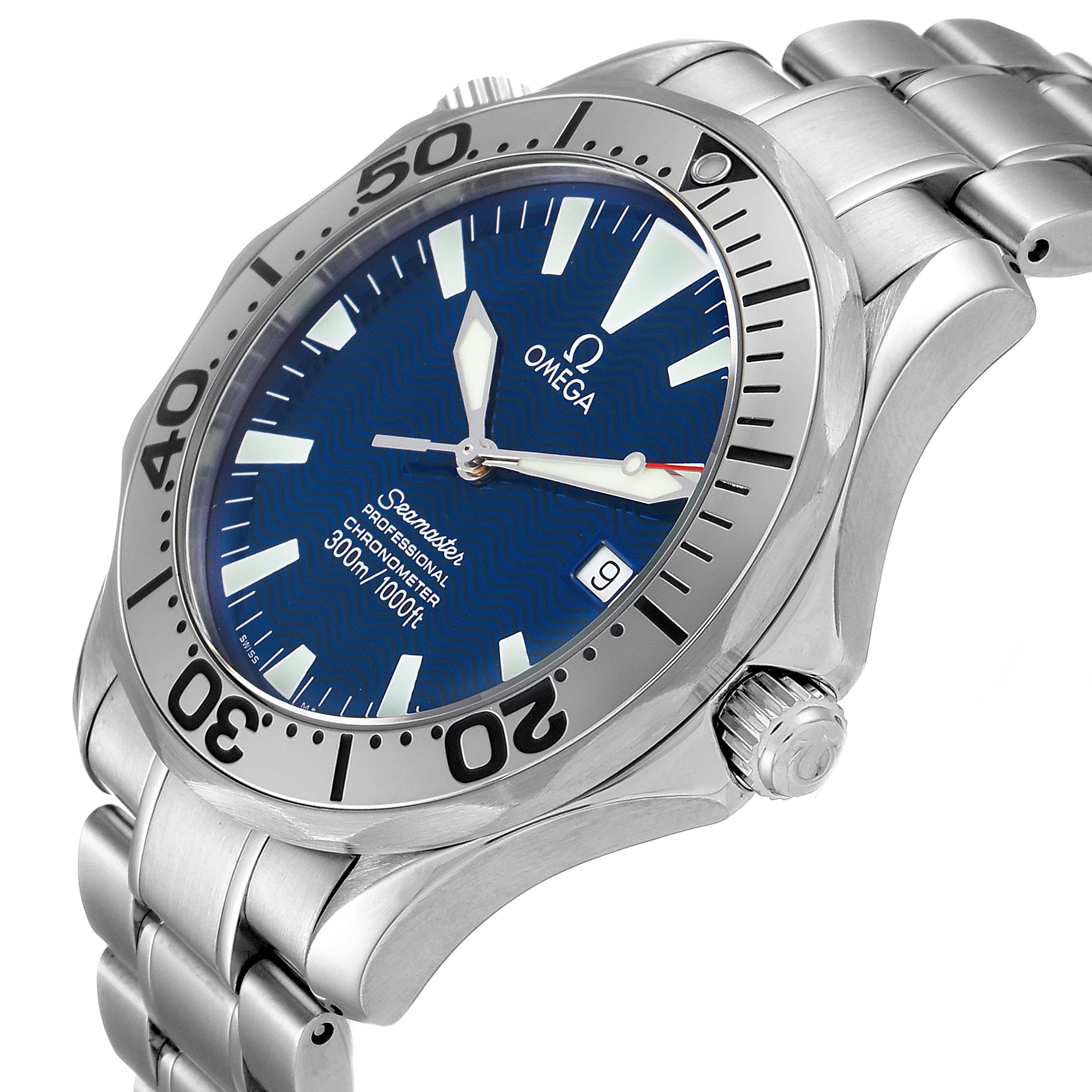 The image shows a side and front angle of the Omega Seamaster 2255.80.00 Men
s Stainless Steel Blue Dial 2255.80.00 Men
s Stainless Steel Blue Dial watch, focusing on the dial, bezel, case, and part of the bracelet.