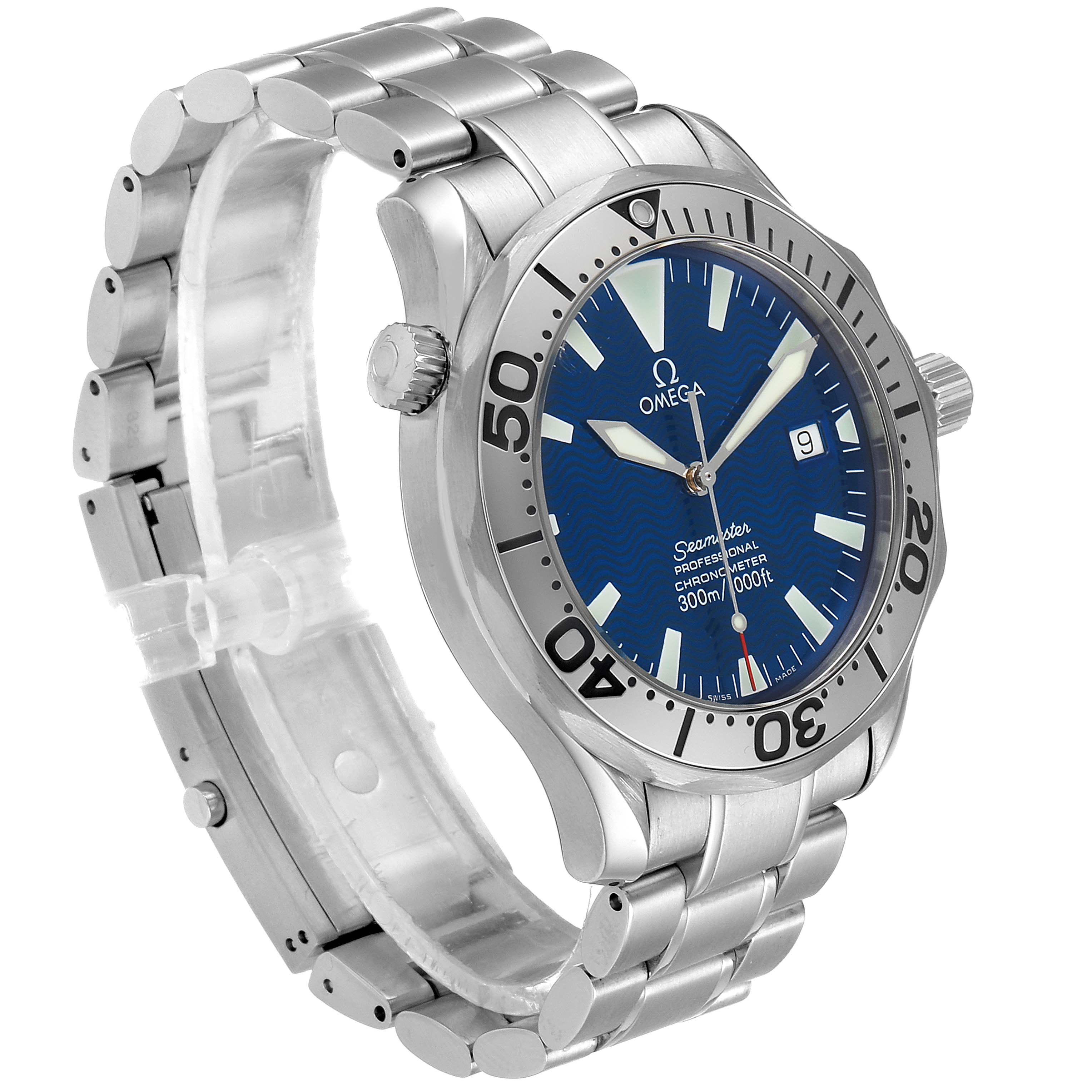 The Omega Seamaster 2255.80.00 Men
s Stainless Steel Blue Dial 2255.80.00 Men
s Stainless Steel Blue Dial watch is shown at an angle displaying the face, bezel, crown, and part of the stainless steel bracelet.