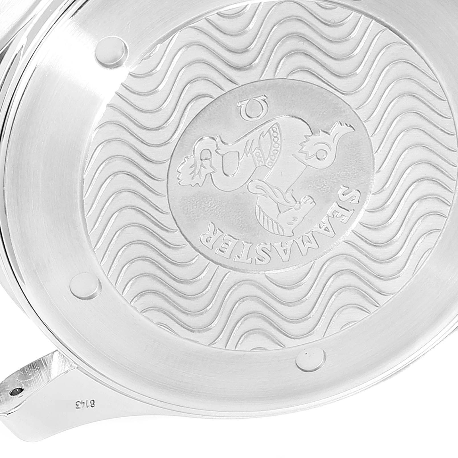 The image shows the engraved case back of an Omega Seamaster 2255.80.00 Men
s Stainless Steel Blue Dial 2255.80.00 Men
s Stainless Steel Blue Dial watch with its distinctive wave pattern and logo.