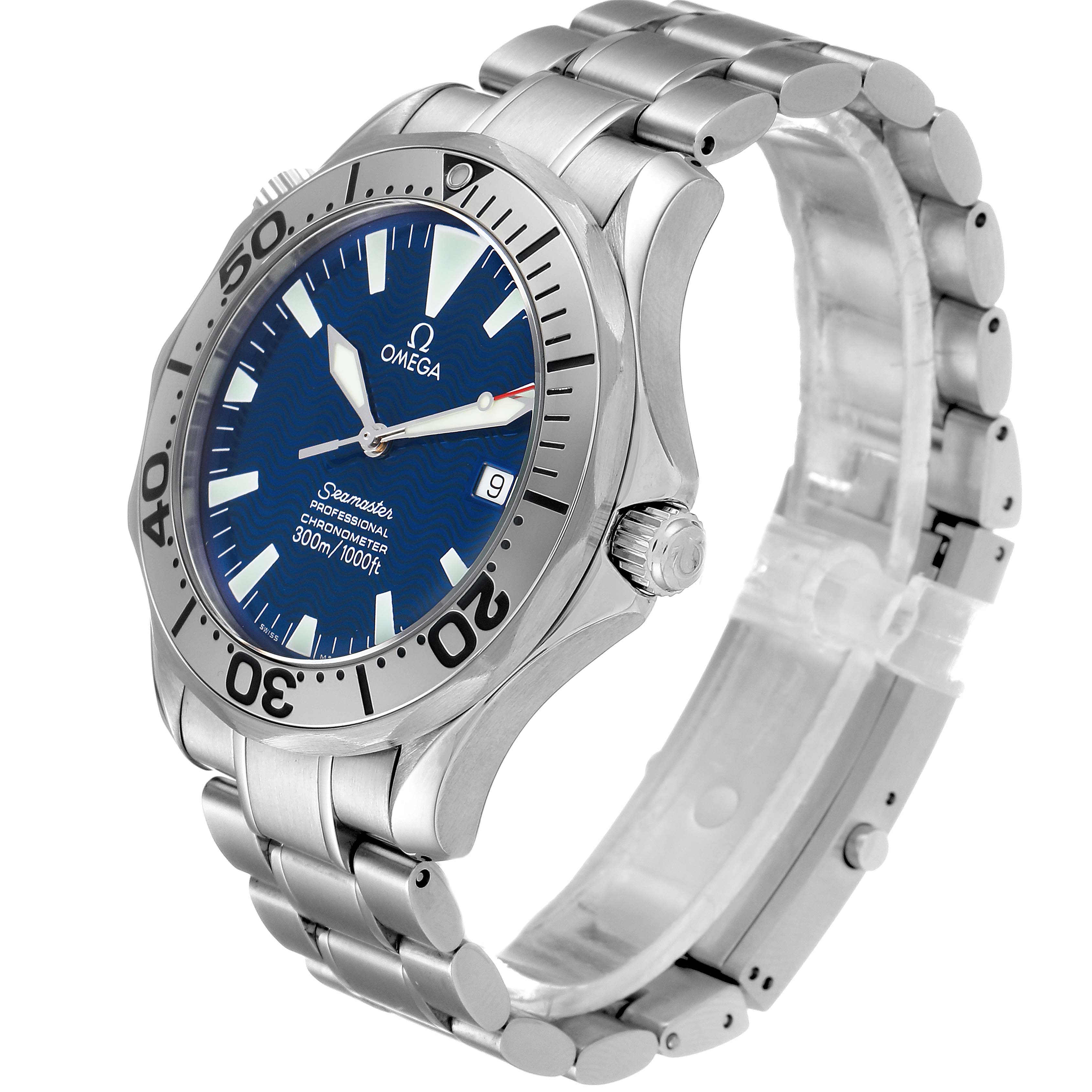 The Omega Seamaster 2255.80.00 Men
s Stainless Steel Blue Dial 2255.80.00 Men
s Stainless Steel Blue Dial watch is shown at a three-quarter angle, displaying its face, bezel, crown, and bracelet.