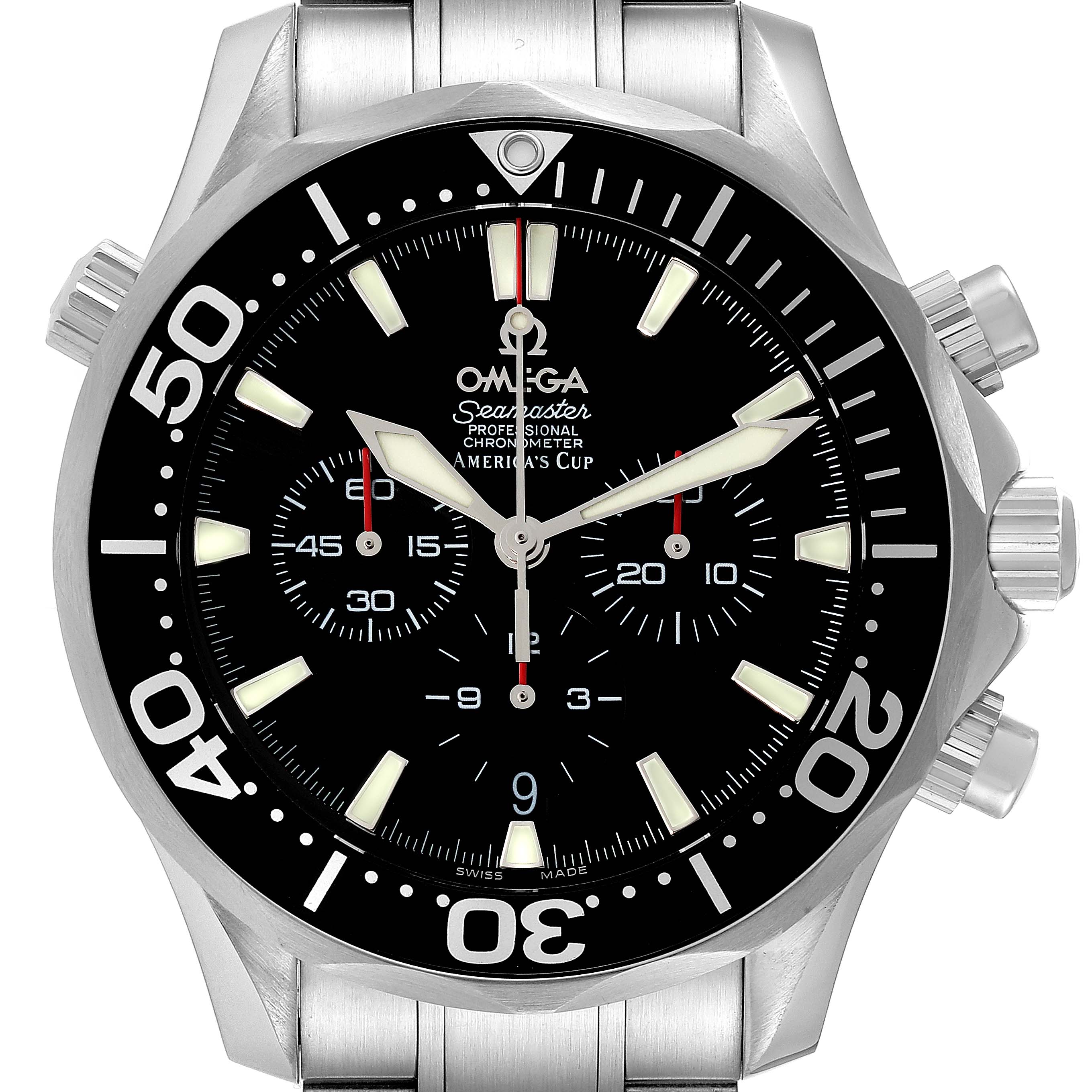 This image shows a front view of the Omega Seamaster 2594.50.00 Men's Stainless Steel Black Dial 2594.50.00 Men's Stainless Steel Black Dial watch with its bezel, dial, hands, and sub-dials clearly visible.