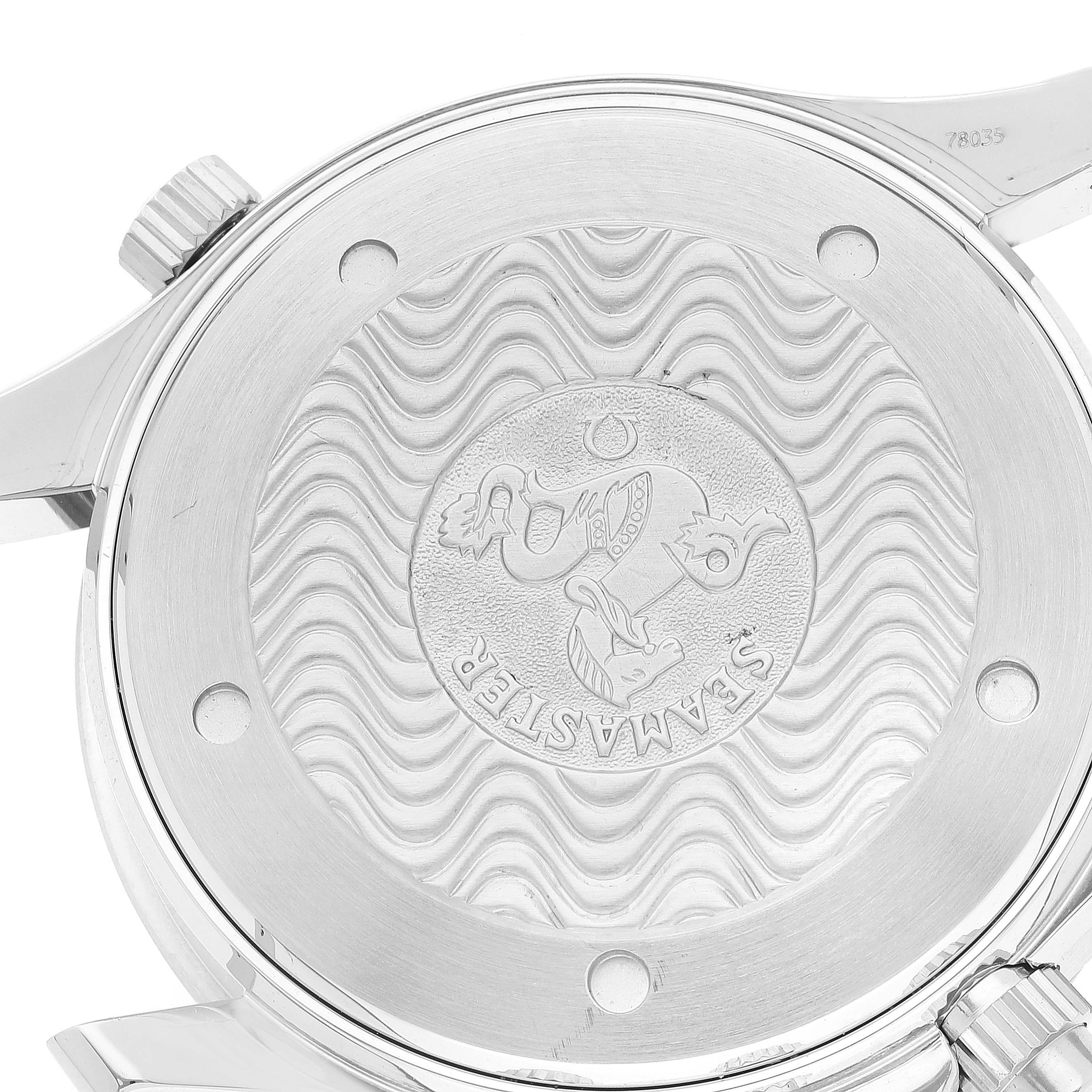 The image shows the back case of the Omega Seamaster 2594.50.00 Men's Stainless Steel Black Dial 2594.50.00 Men's Stainless Steel Black Dial watch, featuring the engraved Seamaster logo.