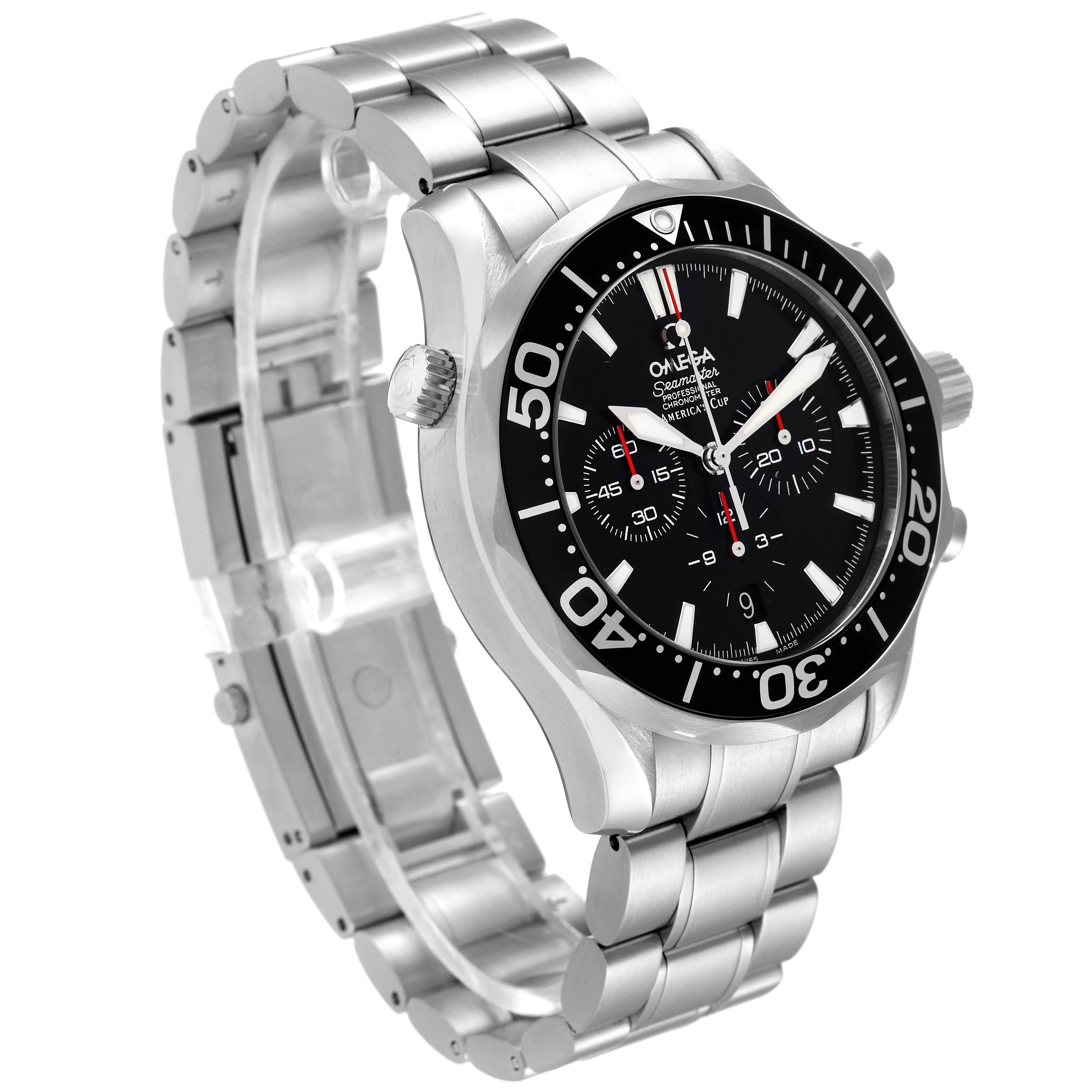 This image shows an Omega Seamaster 2594.50.00 Men's Stainless Steel Black Dial 2594.50.00 Men's Stainless Steel Black Dial watch at an angled side view, highlighting its face, bezel, and stainless steel bracelet.