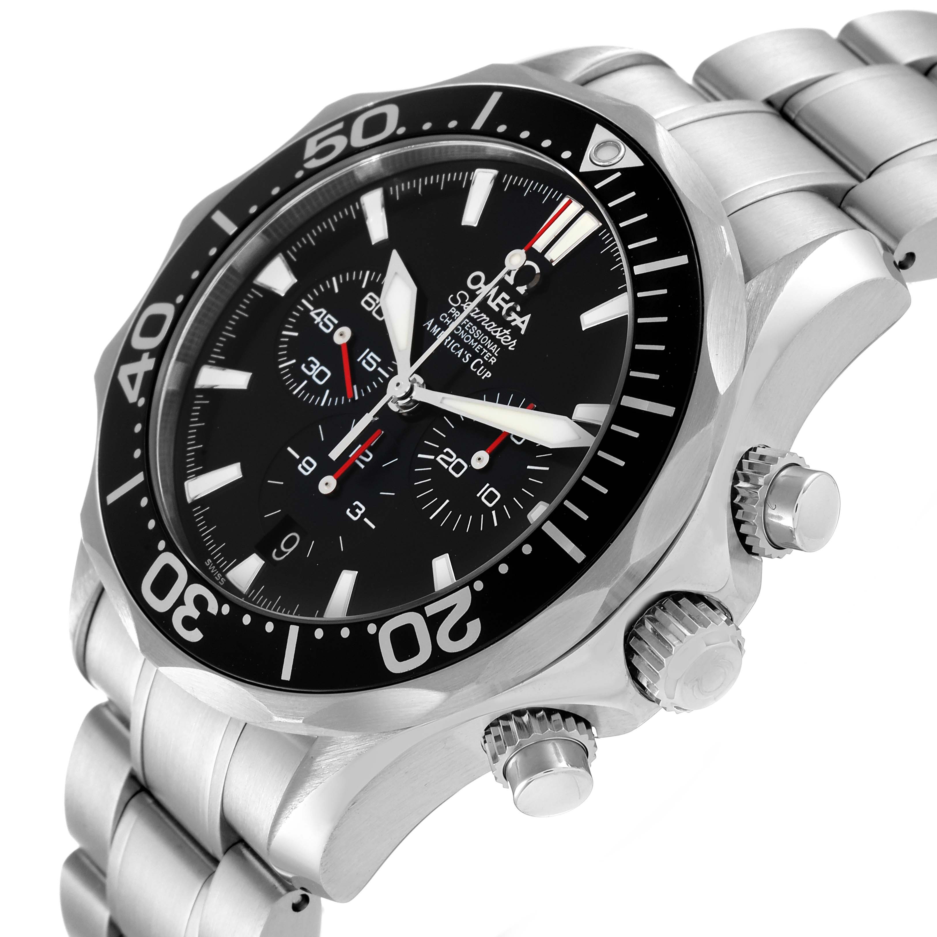 The Omega Seamaster 2594.50.00 Men's Stainless Steel Black Dial 2594.50.00 Men's Stainless Steel Black Dial watch is shown from an angled side view, showcasing its bezel, dial, crown, and stainless steel bracelet.