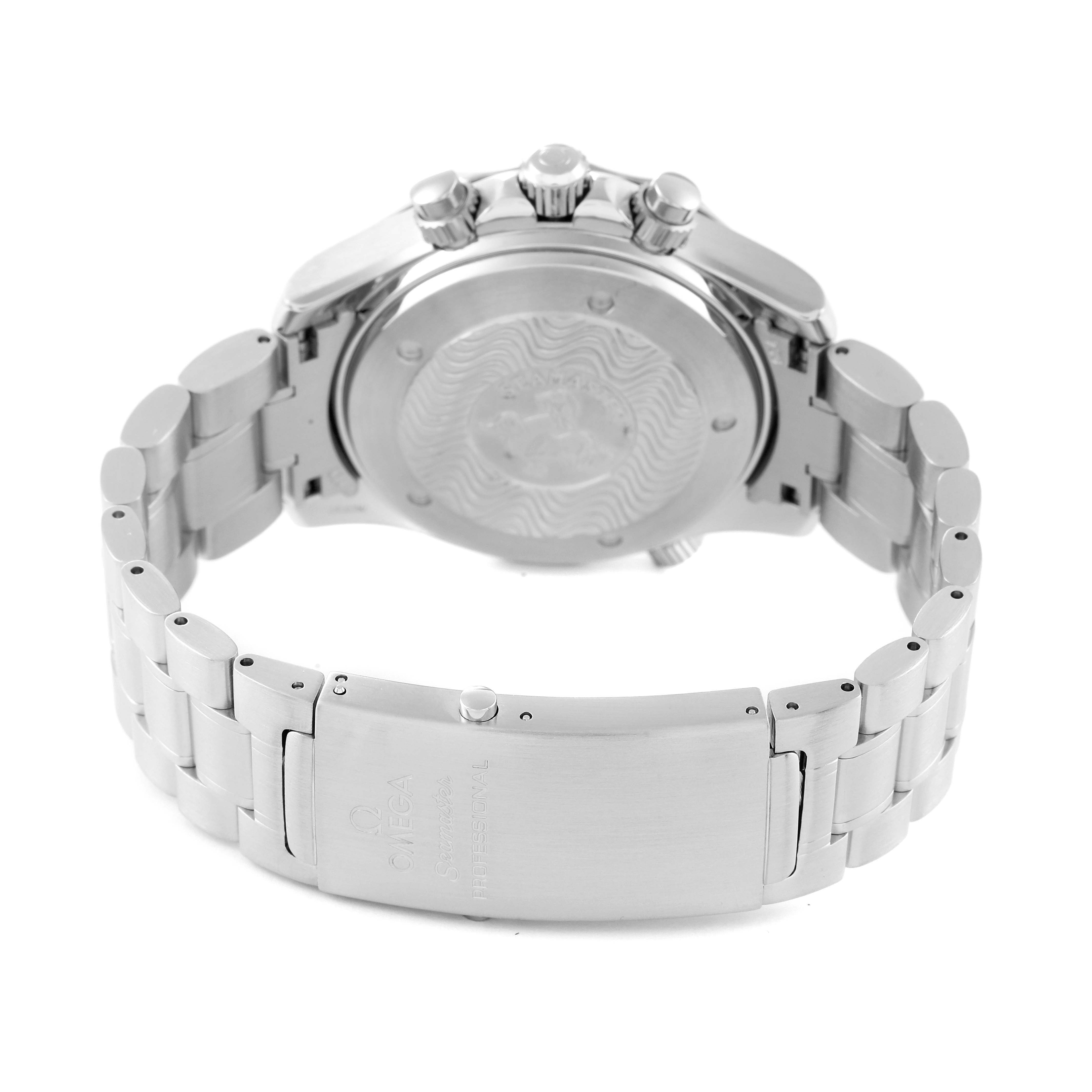 This image shows the back view of an Omega Seamaster 2594.50.00 Men's Stainless Steel Black Dial 2594.50.00 Men's Stainless Steel Black Dial watch, highlighting the case back and metal bracelet with clasp.