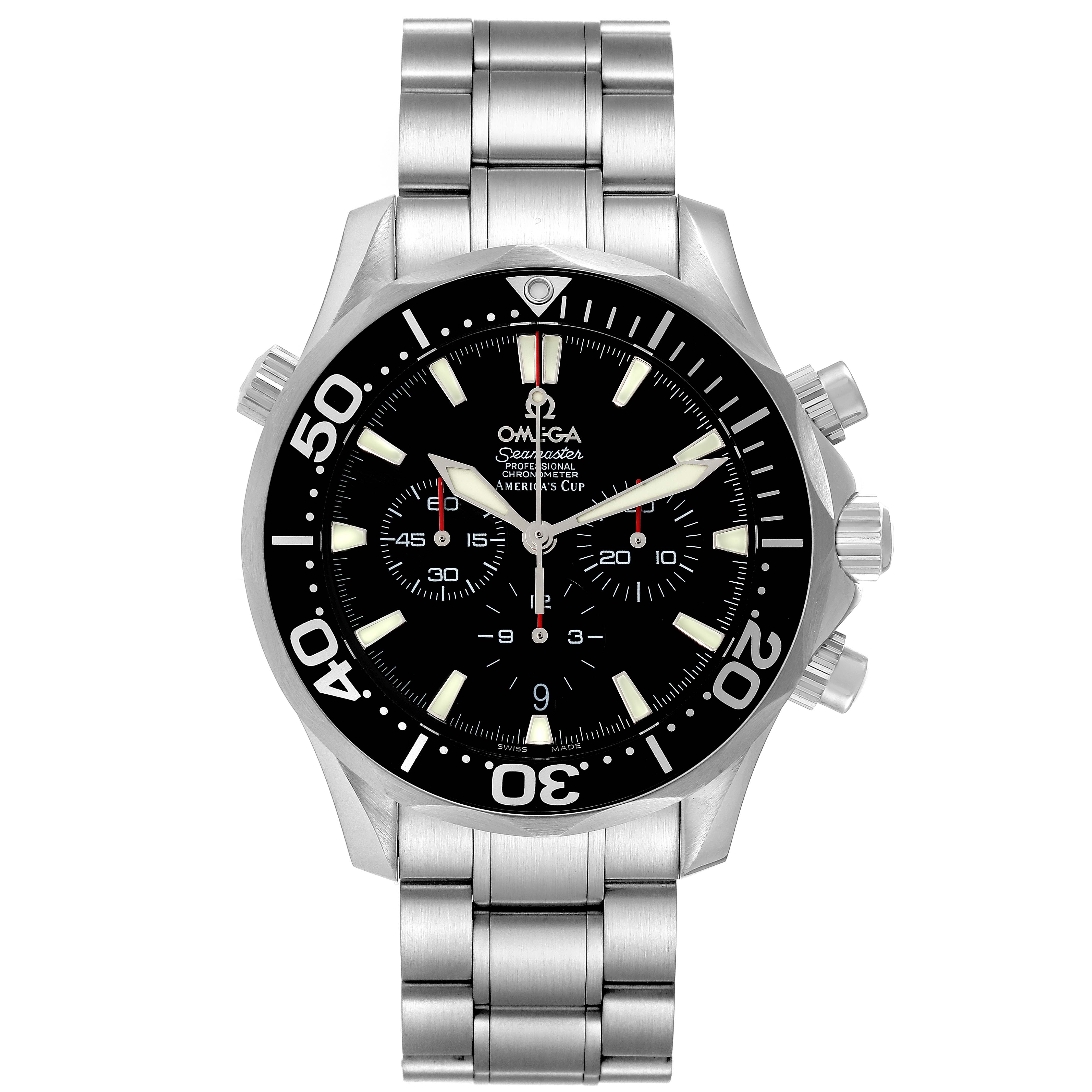 This Omega Seamaster 2594.50.00 Men's Stainless Steel Black Dial 2594.50.00 Men's Stainless Steel Black Dial watch is shown from the front, displaying its black dial, bezel, chronograph subdials, and stainless steel bracelet.