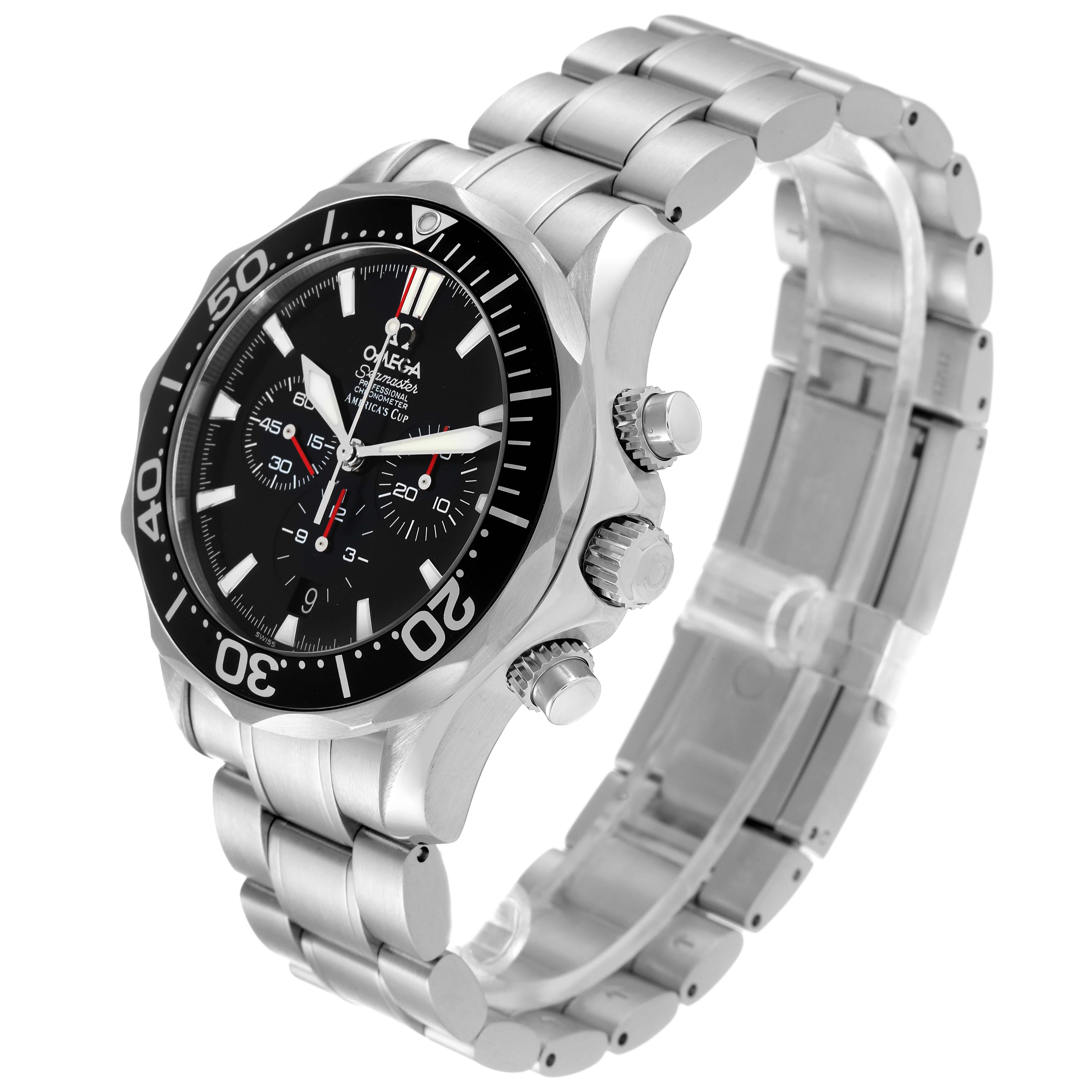 The image shows an Omega Seamaster 2594.50.00 Men's Stainless Steel Black Dial 2594.50.00 Men's Stainless Steel Black Dial watch at a three-quarter angle, highlighting the band, dial, and crown.