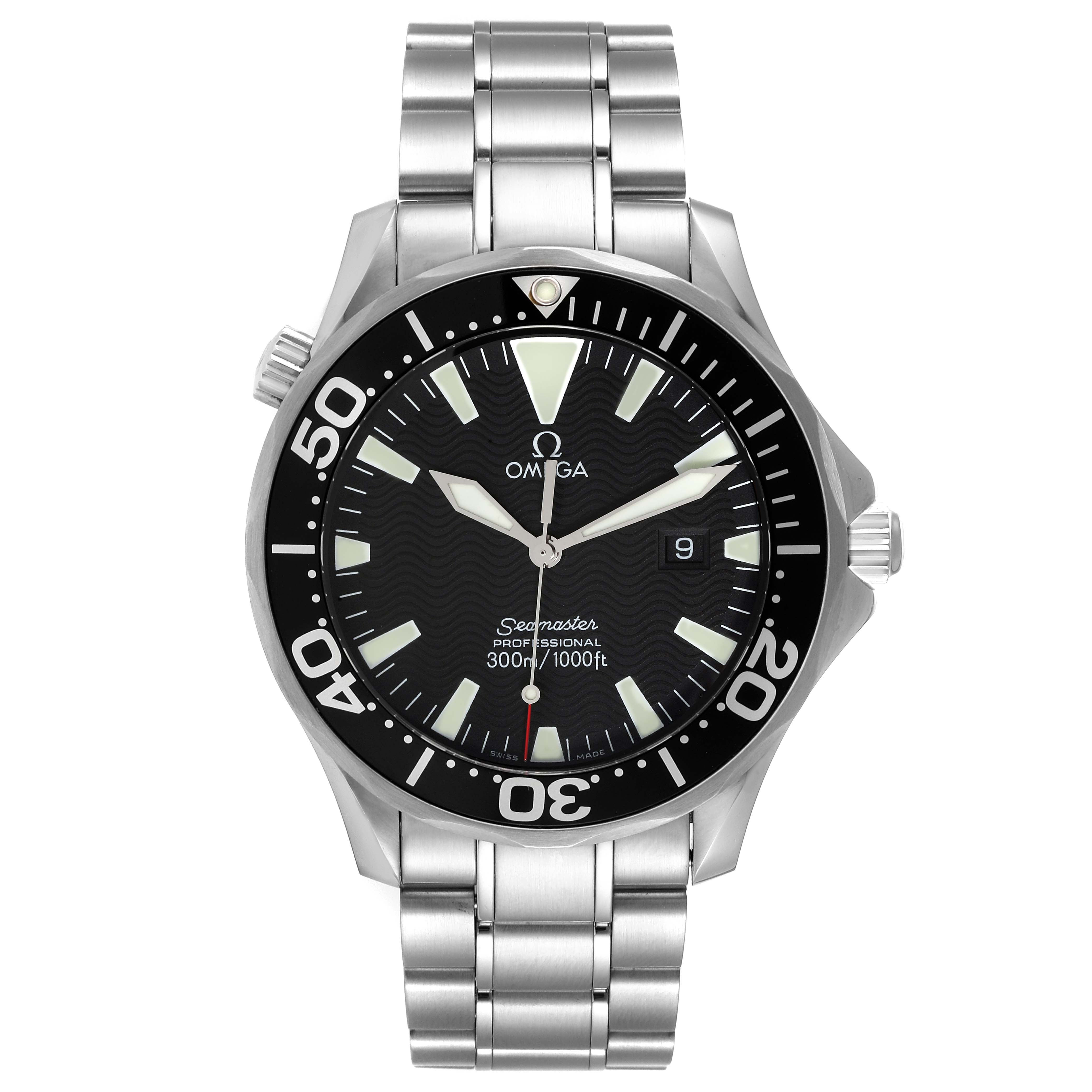The image shows a frontal view of the Omega Seamaster 2264.50.00 Men's Stainless Steel Black Dial 2264.50.00 Men's Stainless Steel Black Dial watch, highlighting its dial, bezel, and stainless steel strap.