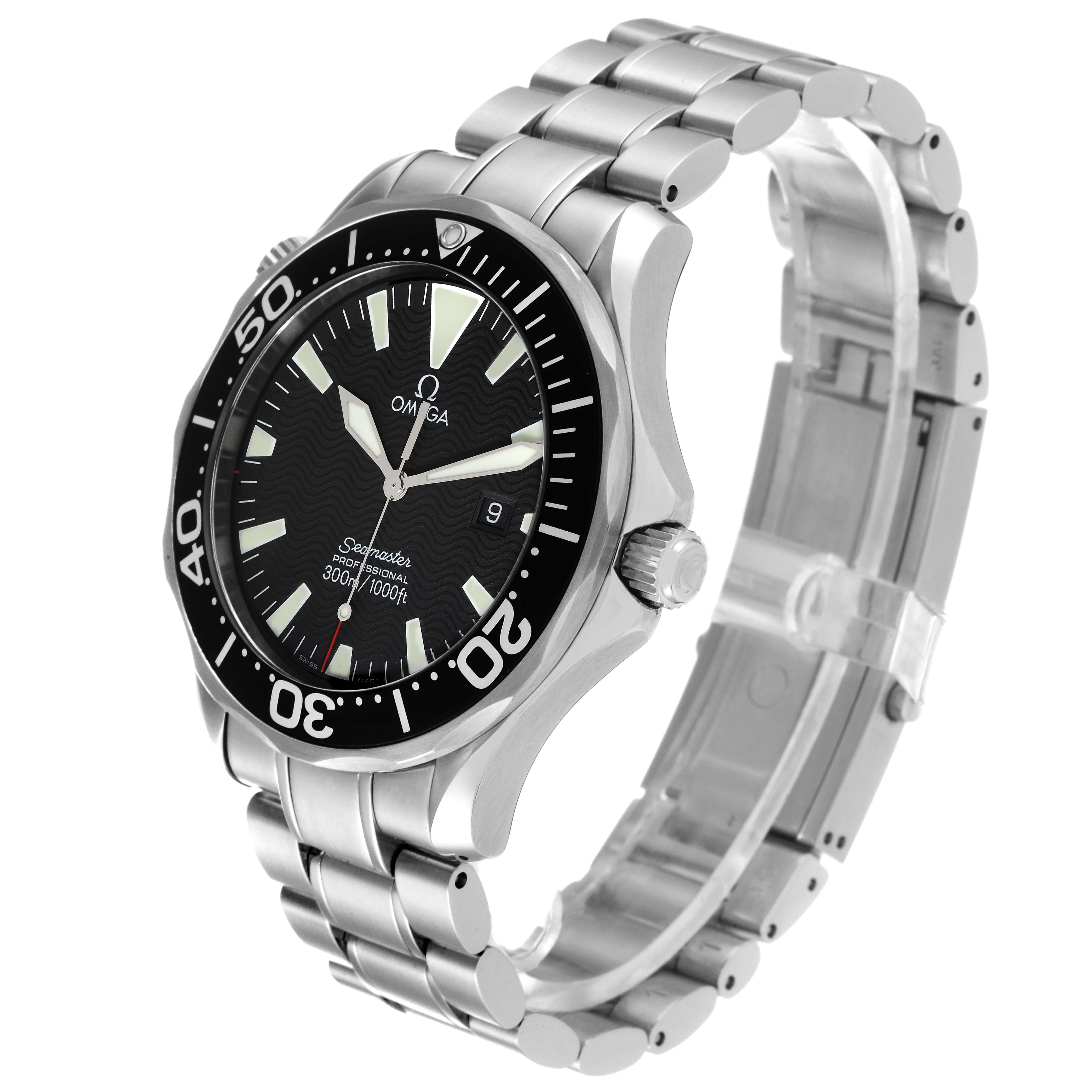 The Omega Seamaster 2264.50.00 Men's Stainless Steel Black Dial 2264.50.00 Men's Stainless Steel Black Dial watch is shown at a three-quarter angle, highlighting the face, bezel, crown, and bracelet.