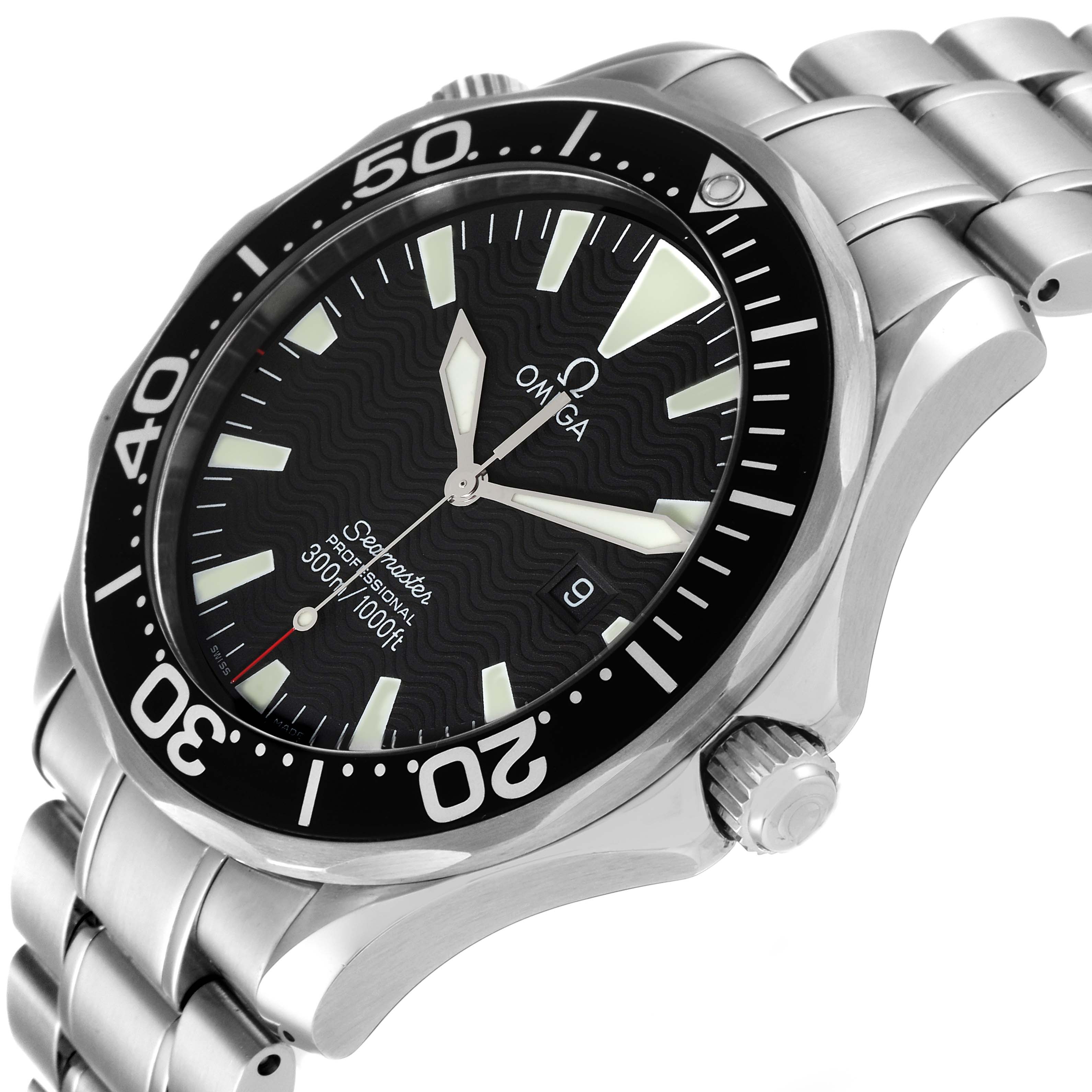 The image shows an Omega Seamaster 2264.50.00 Men's Stainless Steel Black Dial 2264.50.00 Men's Stainless Steel Black Dial watch from a slight diagonal angle highlighting the face, bezel, crown, and part of the bracelet.