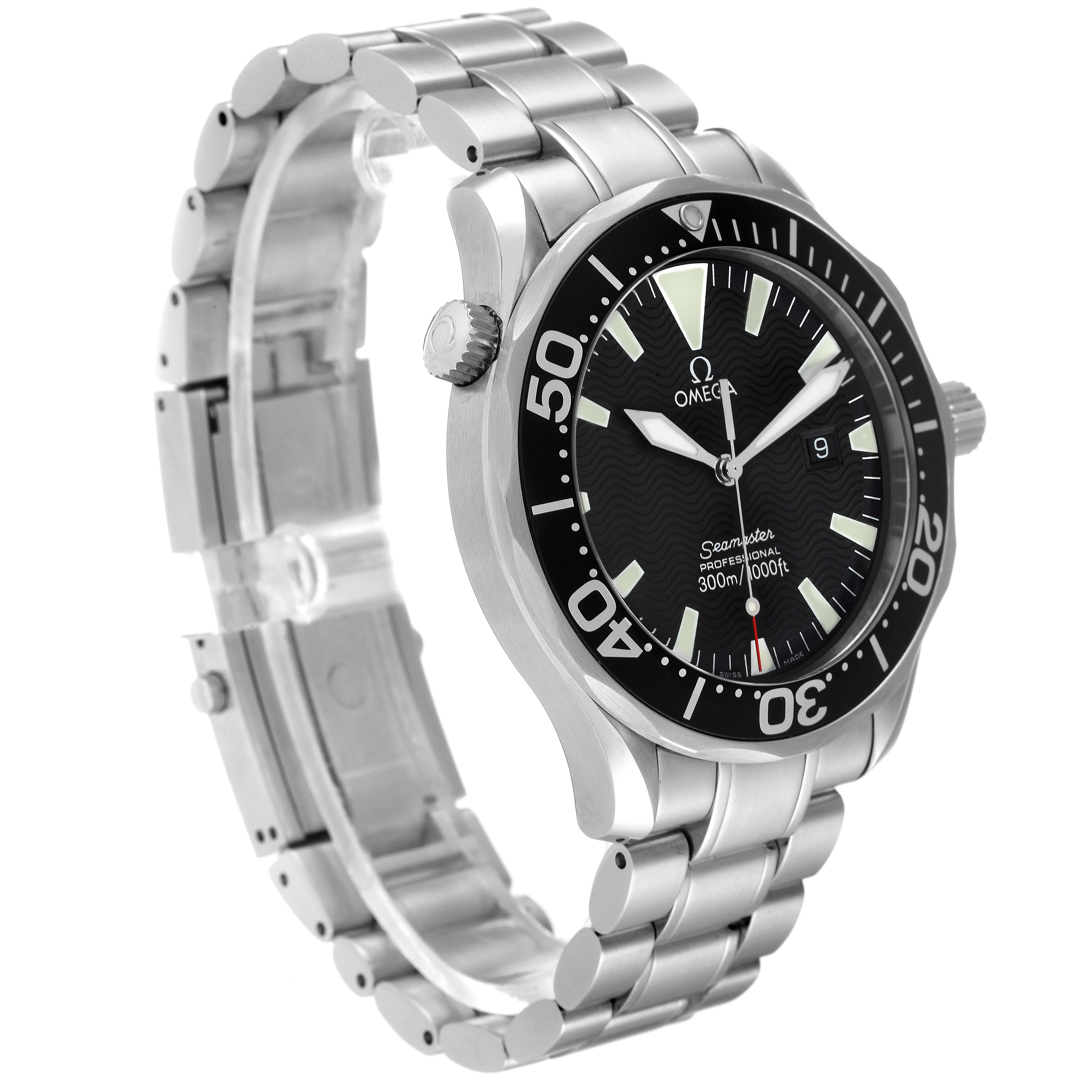 The Omega Seamaster 2264.50.00 Men's Stainless Steel Black Dial 2264.50.00 Men's Stainless Steel Black Dial watch is shown from a slight side angle, highlighting the dial, bezel, and bracelet.