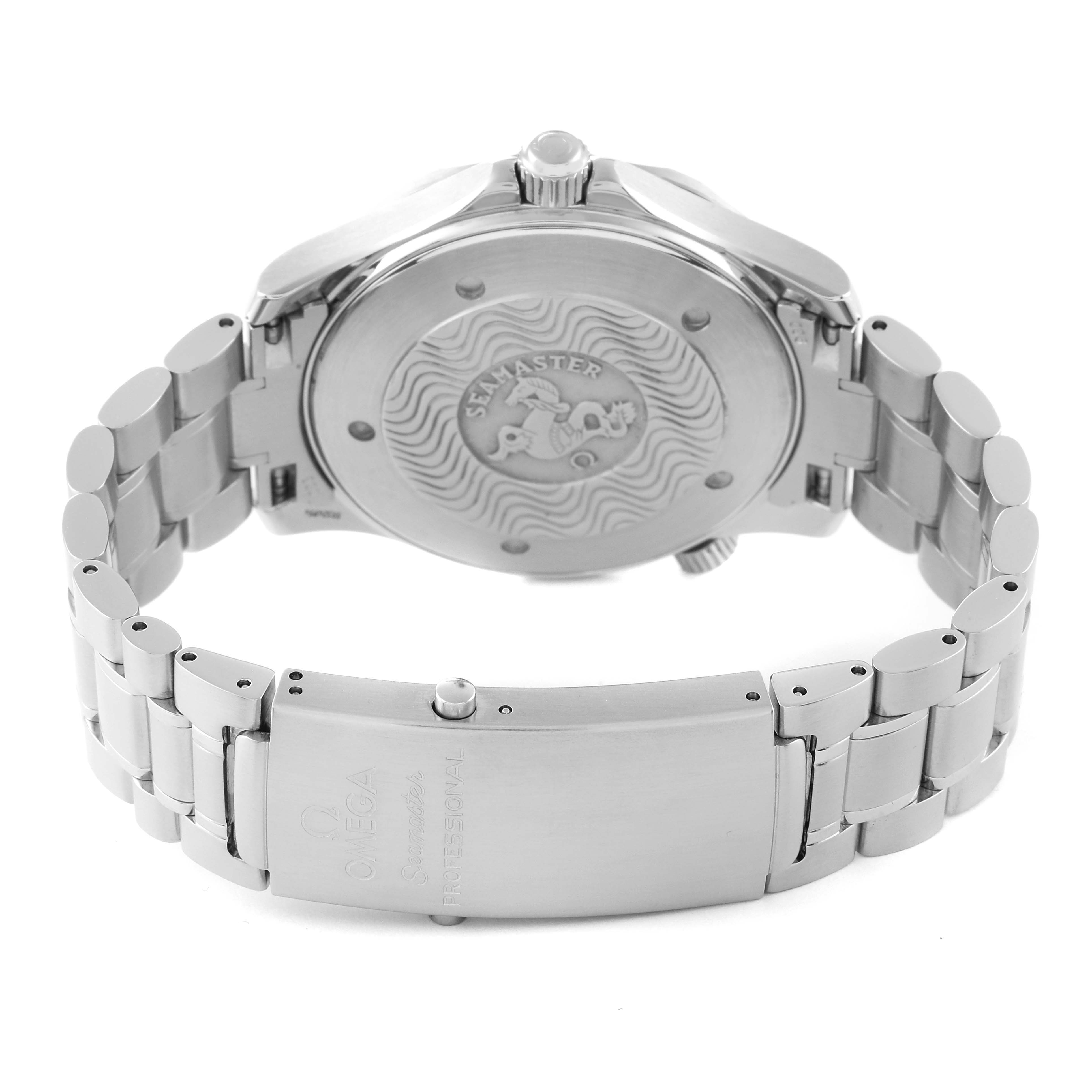 The image shows the back case, bracelet, and clasp of an Omega Seamaster 2264.50.00 Men's Stainless Steel Black Dial 2264.50.00 Men's Stainless Steel Black Dial watch.