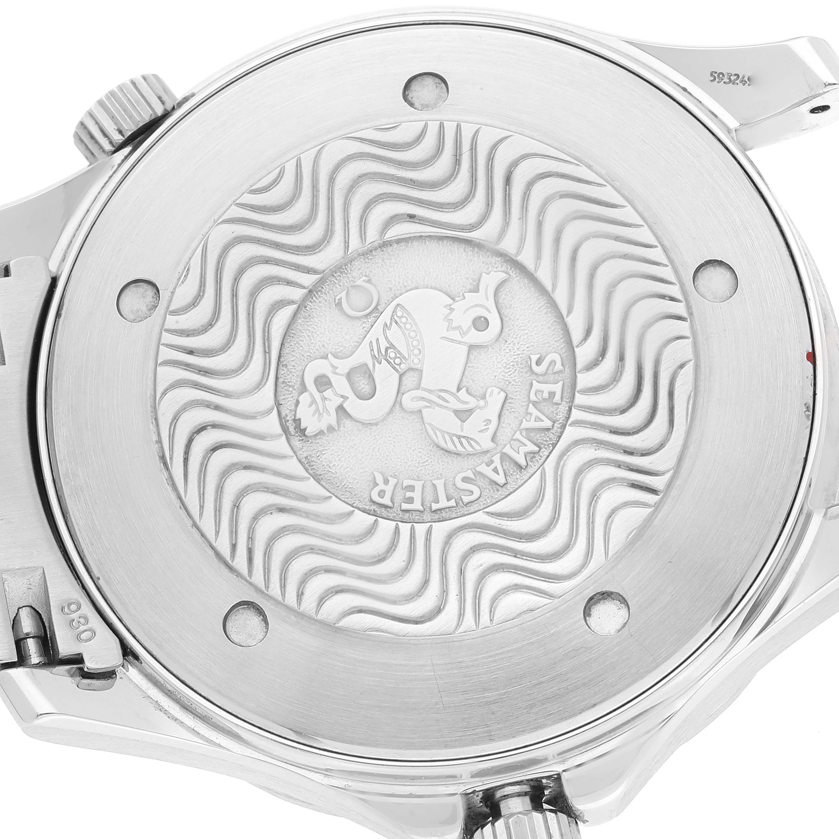 This image shows the back case of an Omega Seamaster 2264.50.00 Men's Stainless Steel Black Dial 2264.50.00 Men's Stainless Steel Black Dial watch, highlighting its engraved design and branding.