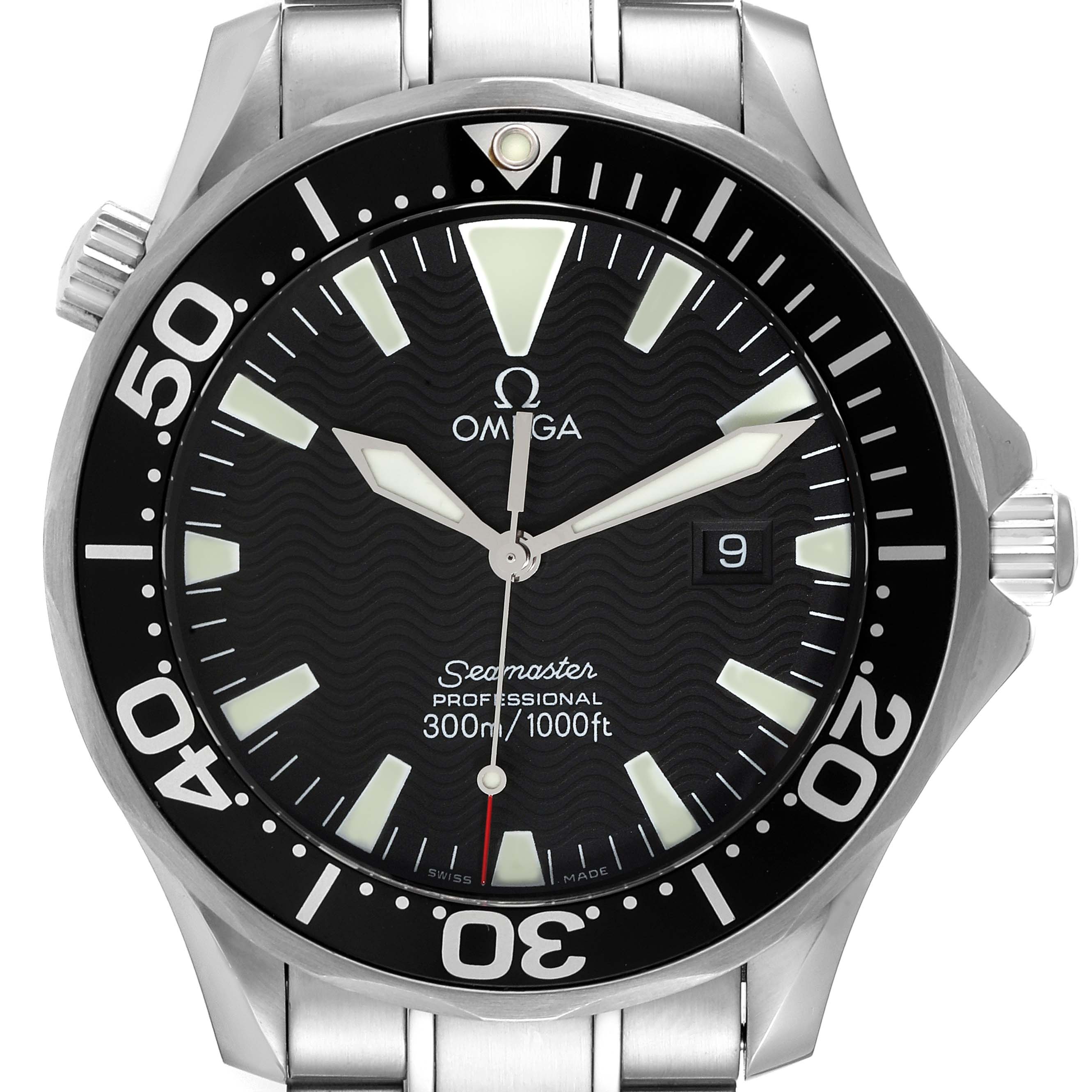 The image shows a front view of the Omega Seamaster 2264.50.00 Men's Stainless Steel Black Dial 2264.50.00 Men's Stainless Steel Black Dial watch, displaying its face, bezel, hands, date window, and part of the metal bracelet.