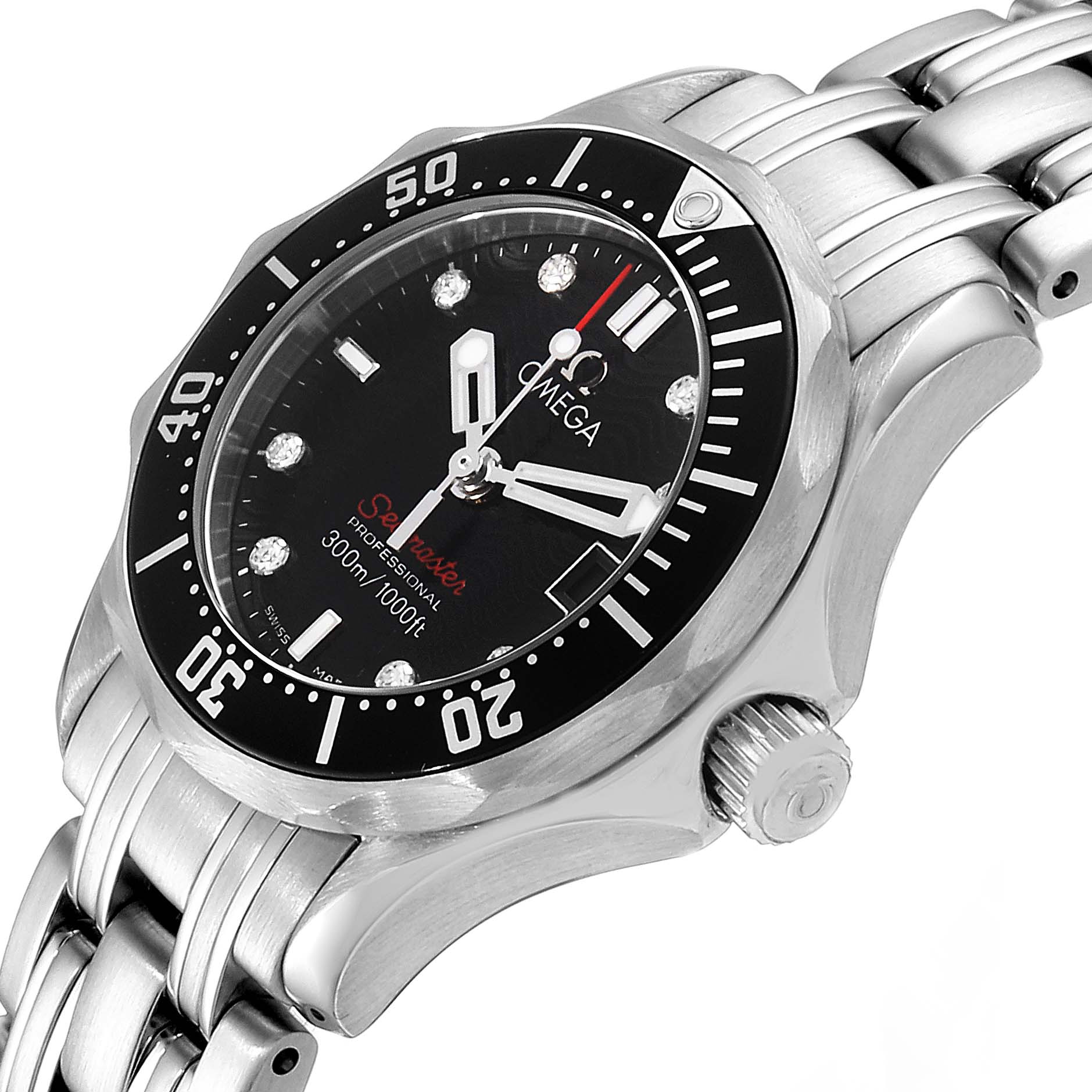 This image shows an angled view, highlighting the black diamond dial, bezel, case, and part of the bracelet of the Omega 212.30.28.61.51.001 Women's Stainless Steel Black Dial 212.30.28.61.51.001 Women's Stainless Steel Black Dial Seamaster Black Dial Diamond Ladies Watch 212.30.28.61.51.001.