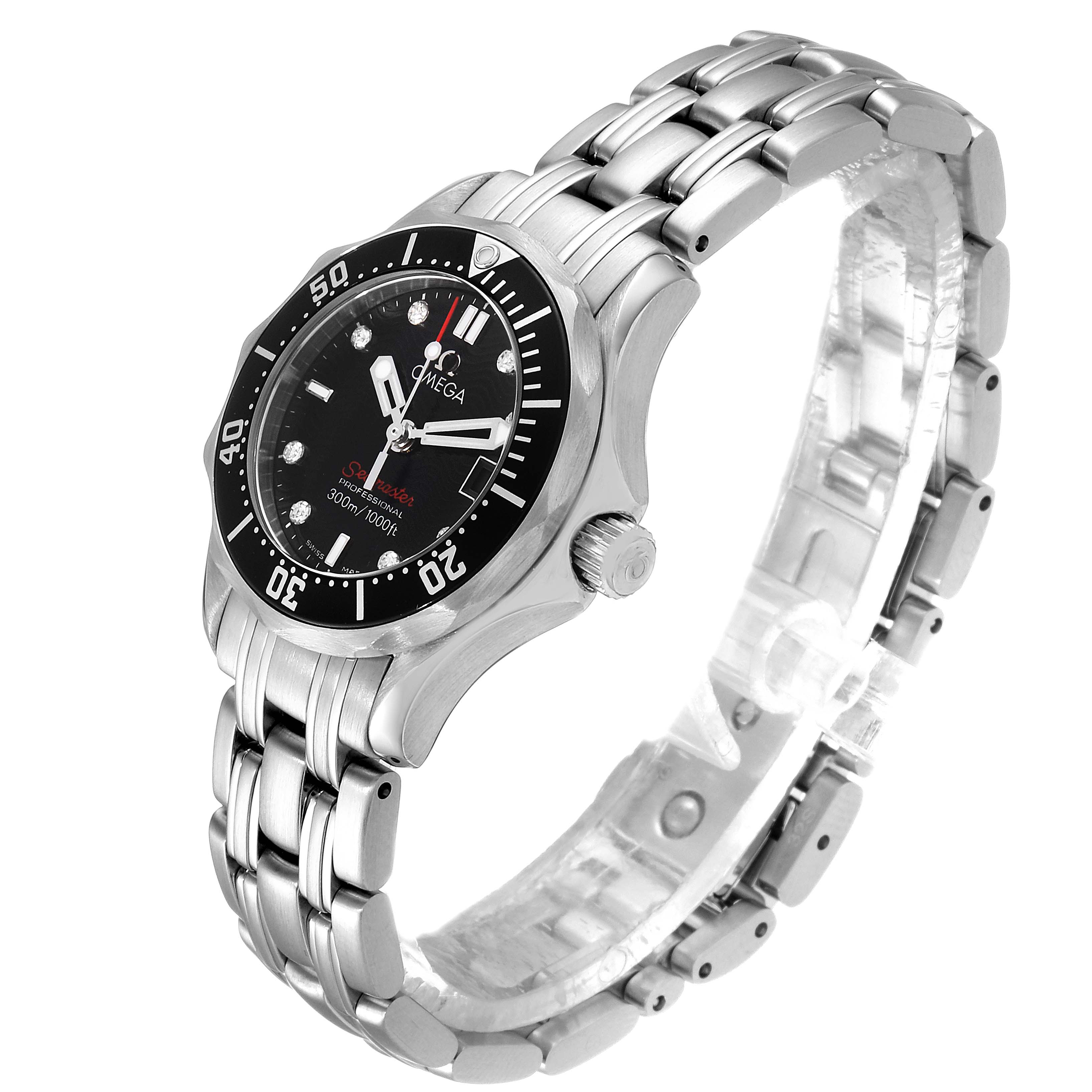 The image shows an Omega 212.30.28.61.51.001 Women's Stainless Steel Black Dial 212.30.28.61.51.001 Women's Stainless Steel Black Dial Seamaster Black Dial Diamond Ladies Watch 212.30.28.61.51.001 at a three-quarter angle, displaying the dial and bracelet.