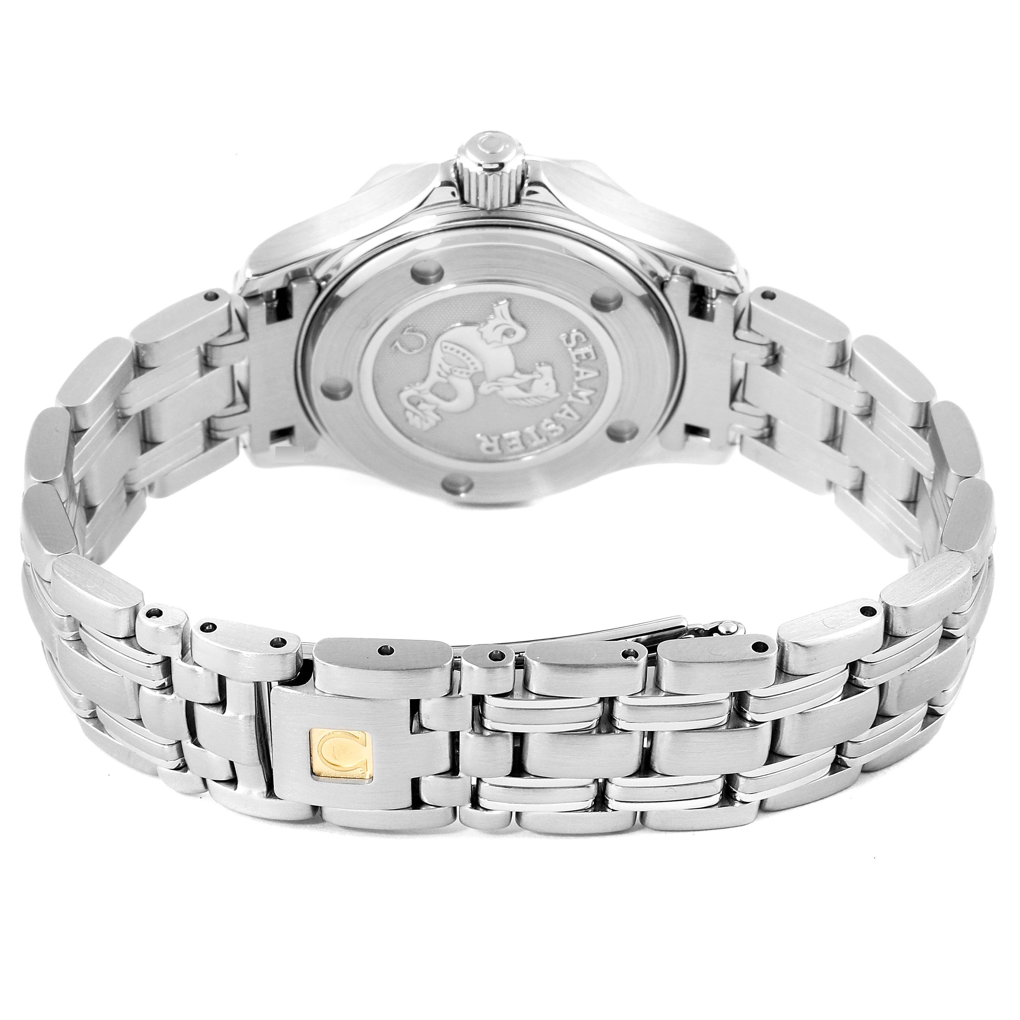 The image shows the back case and the bracelet of an Omega 212.30.28.61.51.001 Women's Stainless Steel Black Dial 212.30.28.61.51.001 Women's Stainless Steel Black Dial Seamaster Black Dial Diamond Ladies Watch 212.30.28.61.51.001.