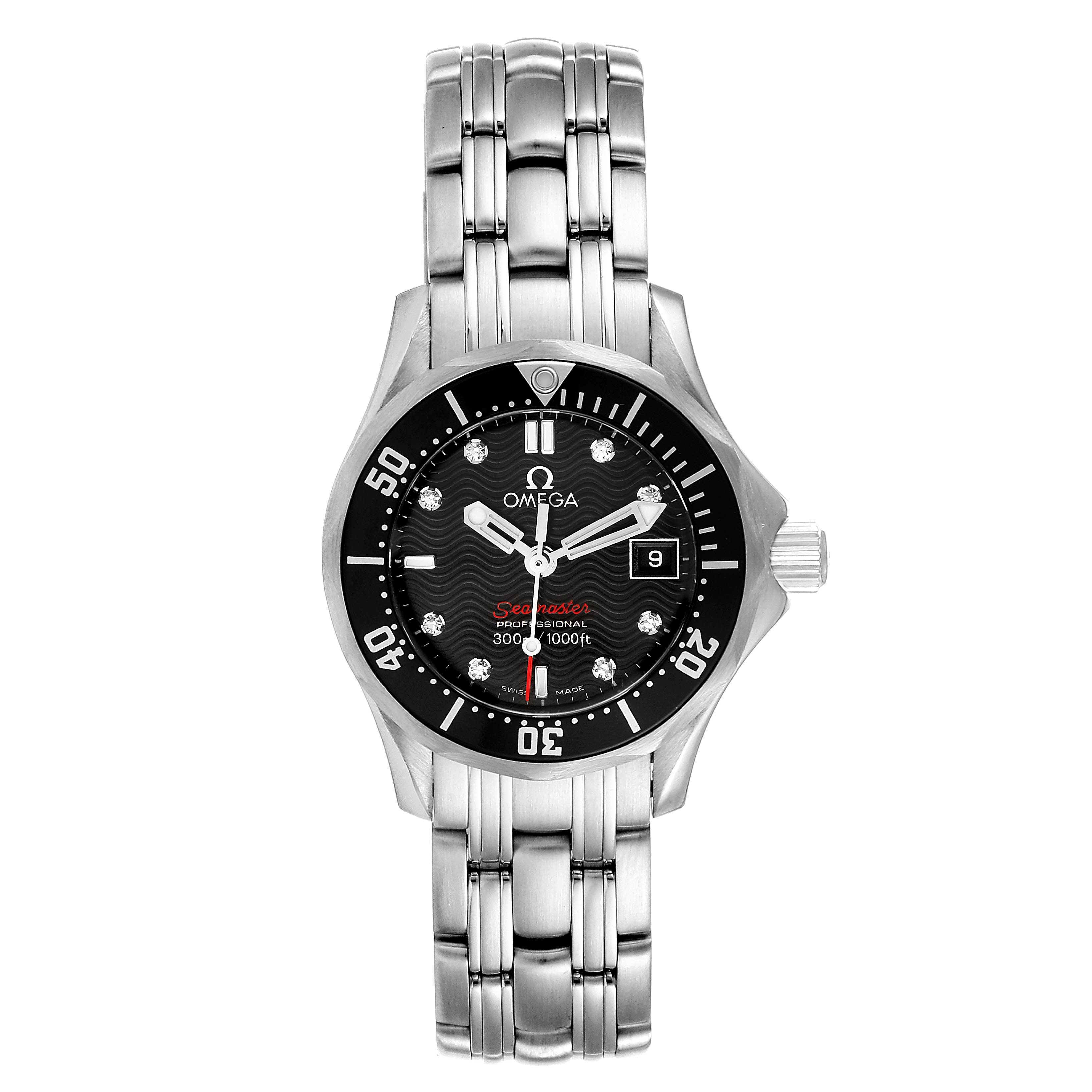 This image shows a front view of the Omega 212.30.28.61.51.001 Women's Stainless Steel Black Dial 212.30.28.61.51.001 Women's Stainless Steel Black Dial Seamaster Black Dial Diamond Ladies Watch 212.30.28.61.51.001, displaying the face and bracelet.