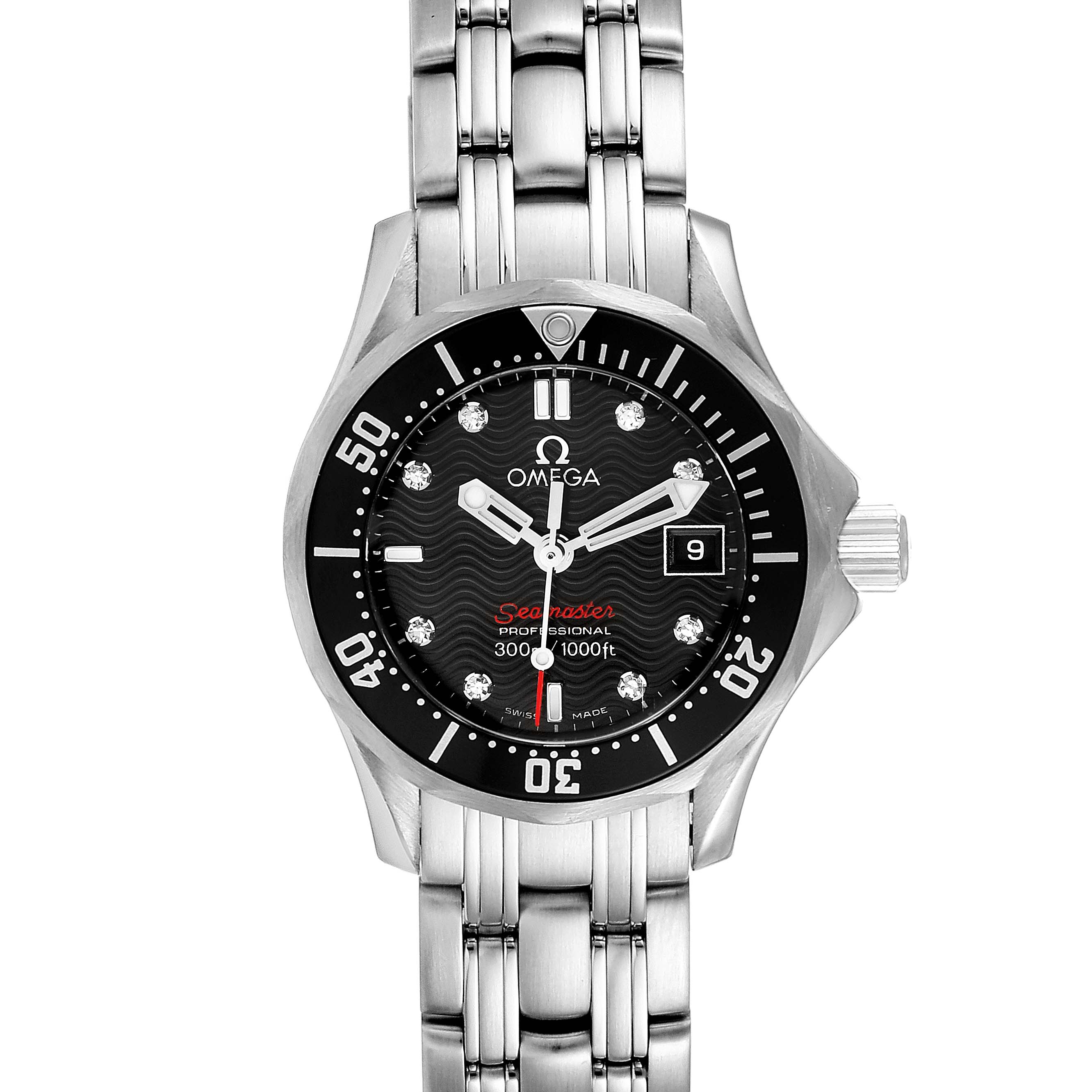 The image shows a front view of the Omega 212.30.28.61.51.001 Women's Stainless Steel Black Dial 212.30.28.61.51.001 Women's Stainless Steel Black Dial Seamaster Black Dial Diamond Ladies Watch 212.30.28.61.51.001, highlighting the dial and bracelet.