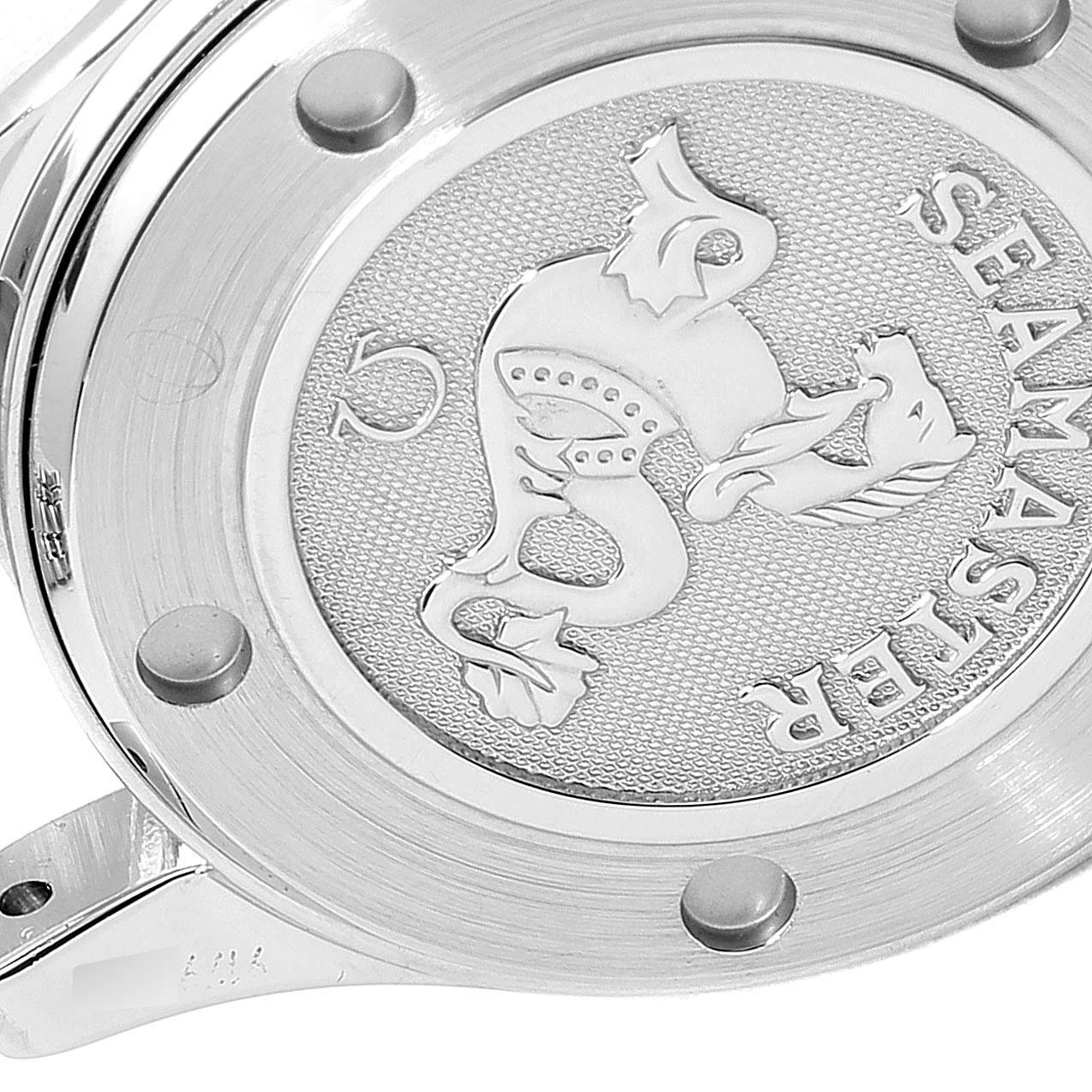 The image shows a close-up of the back casing of the Omega 212.30.28.61.51.001 Women's Stainless Steel Black Dial 212.30.28.61.51.001 Women's Stainless Steel Black Dial Seamaster Black Dial Diamond Ladies Watch 212.30.28.61.51.001.