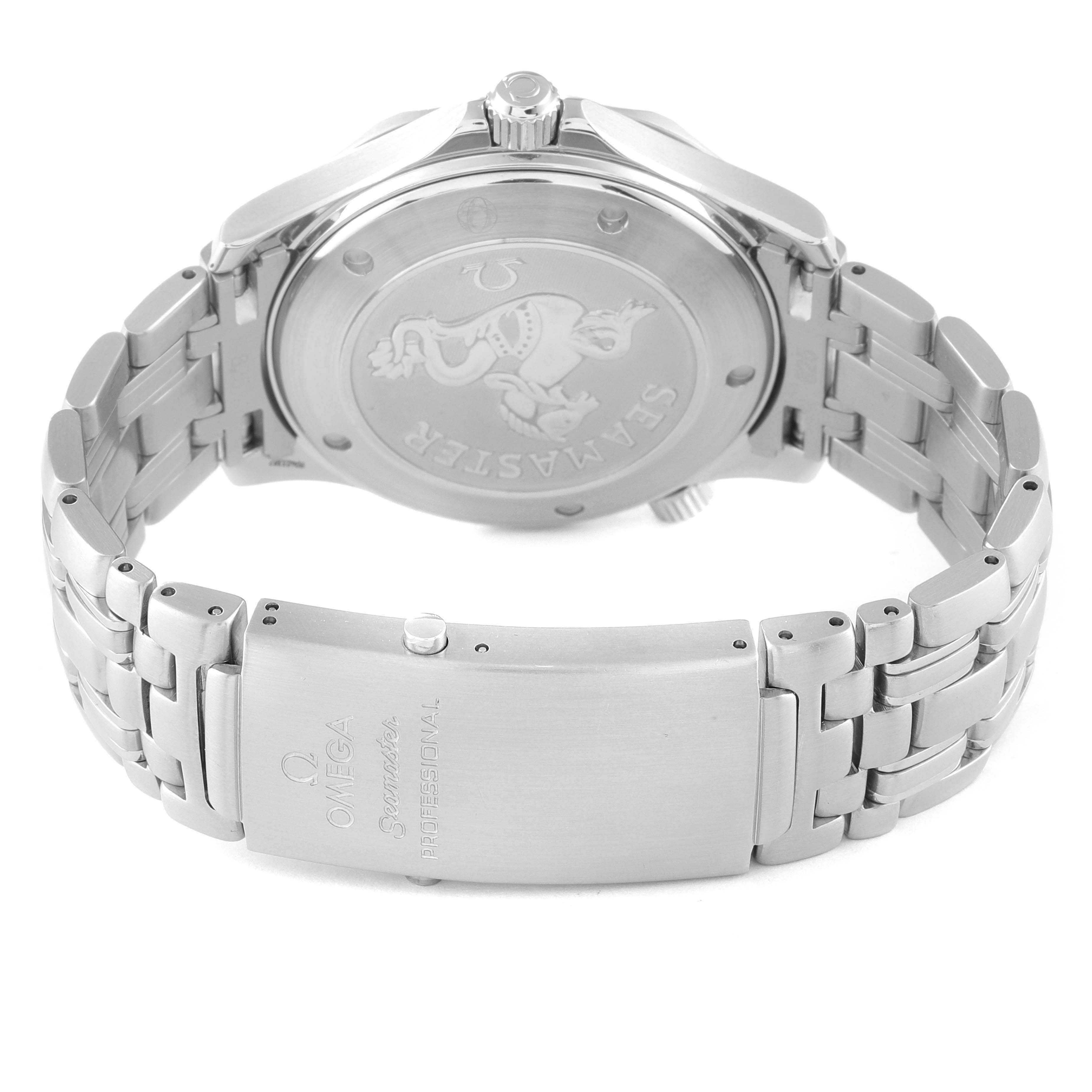 The image shows the back and clasp of an Omega Seamaster 2221.80.00 Men's Stainless Steel Blue Dial 2221.80.00 Men's Stainless Steel Blue Dial watch, featuring the case back engraving and bracelet.